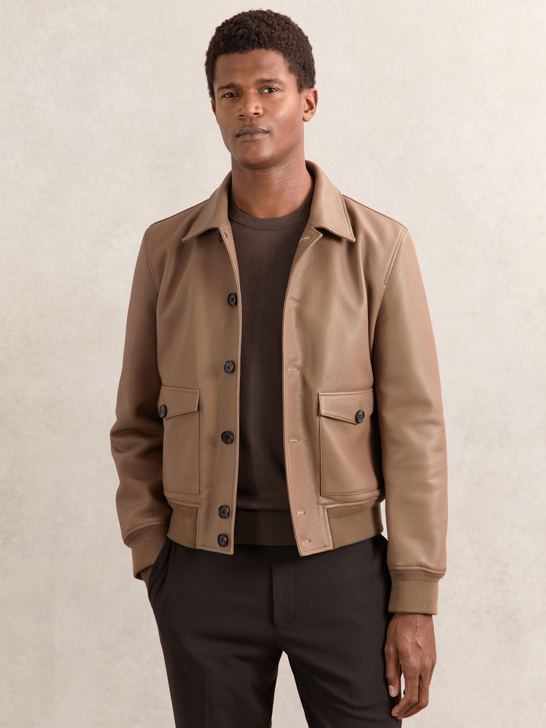 Tumbled-Leather Harrington Jacket in Tan Brown - Image 4 of 8