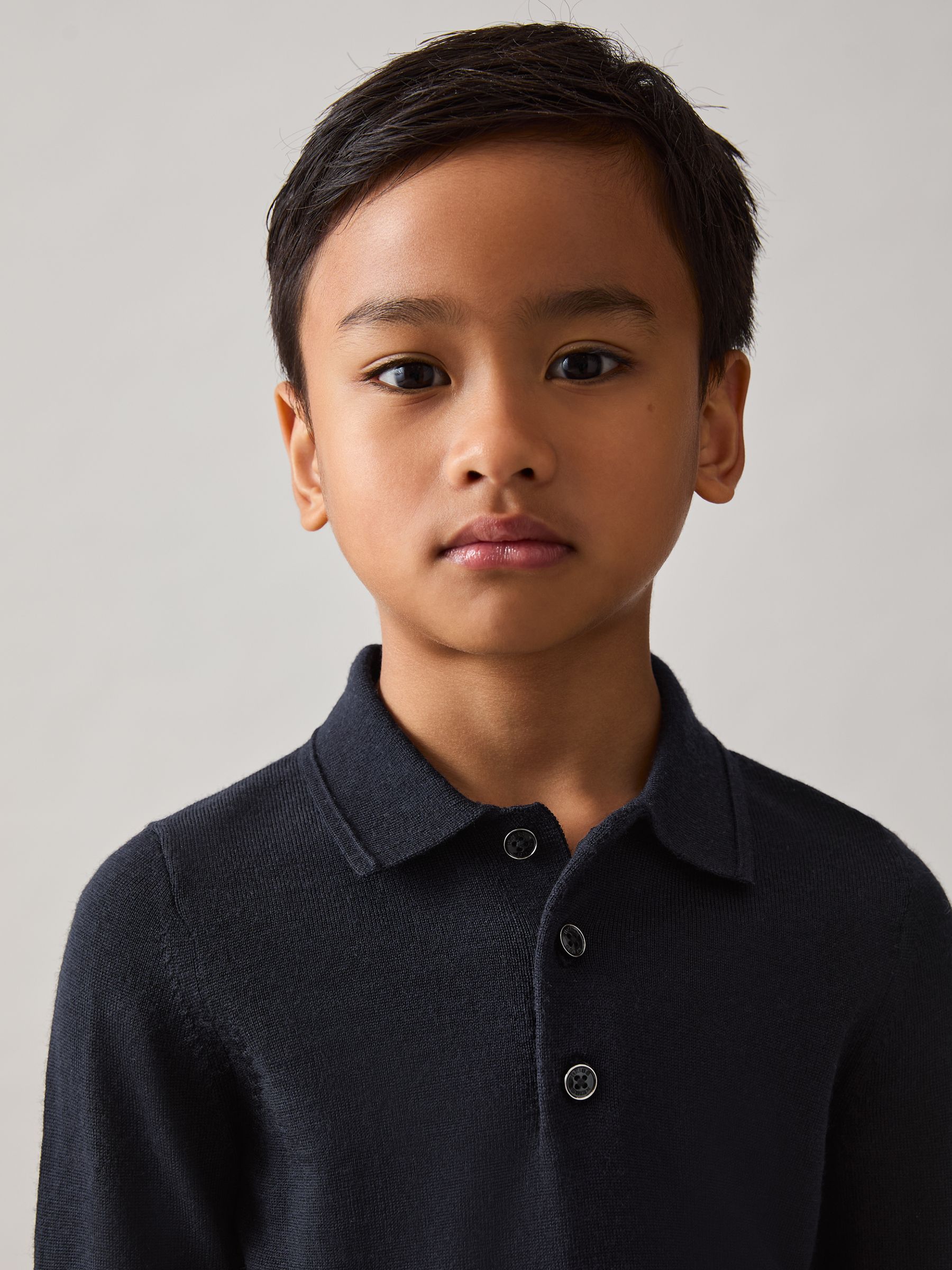 9-13 yrs Merino Wool Long-Sleeve Polo Shirt in Navy - Image 1 of 4
