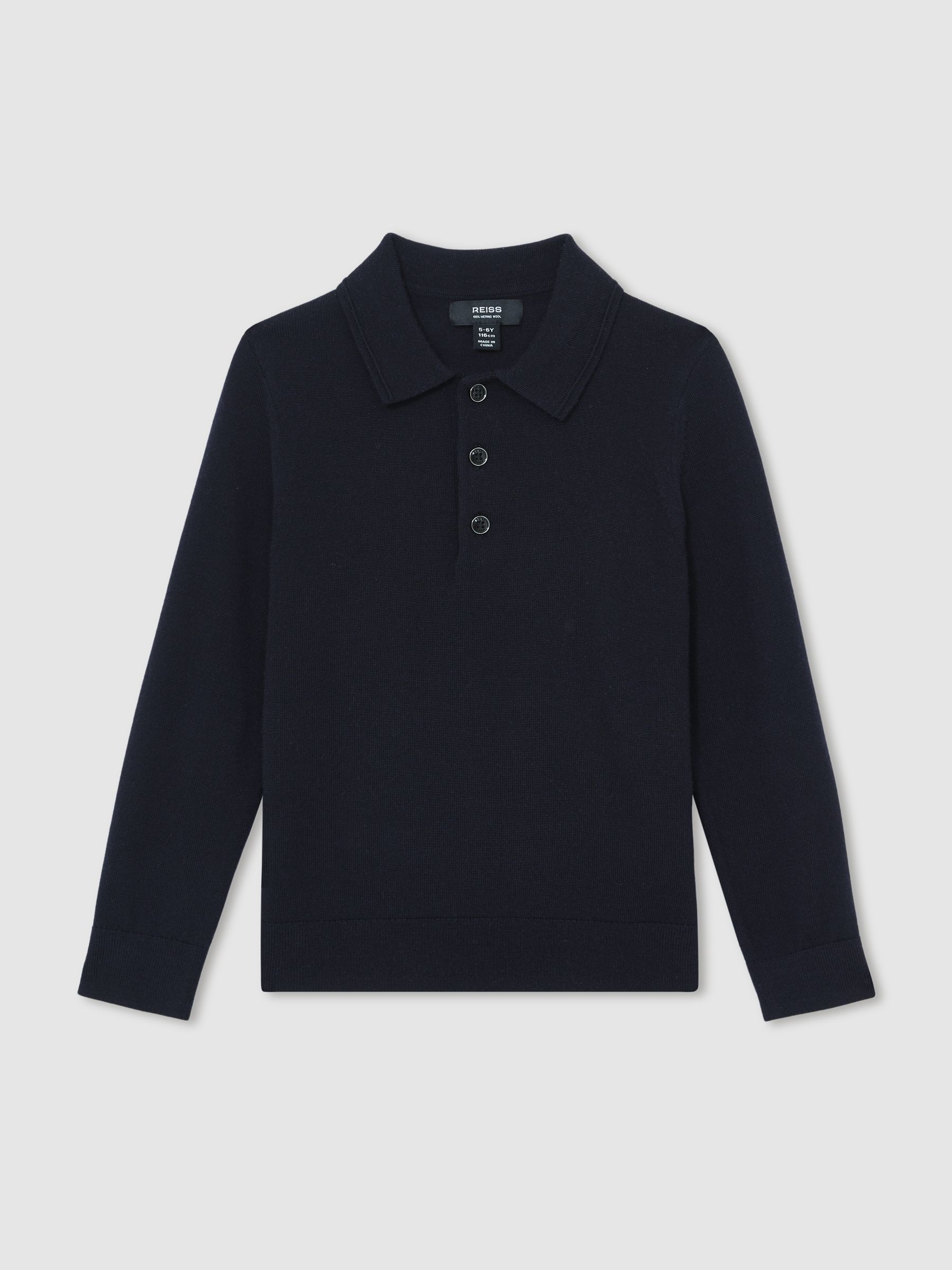 9-13 yrs Merino Wool Long-Sleeve Polo Shirt in Navy - Image 2 of 4