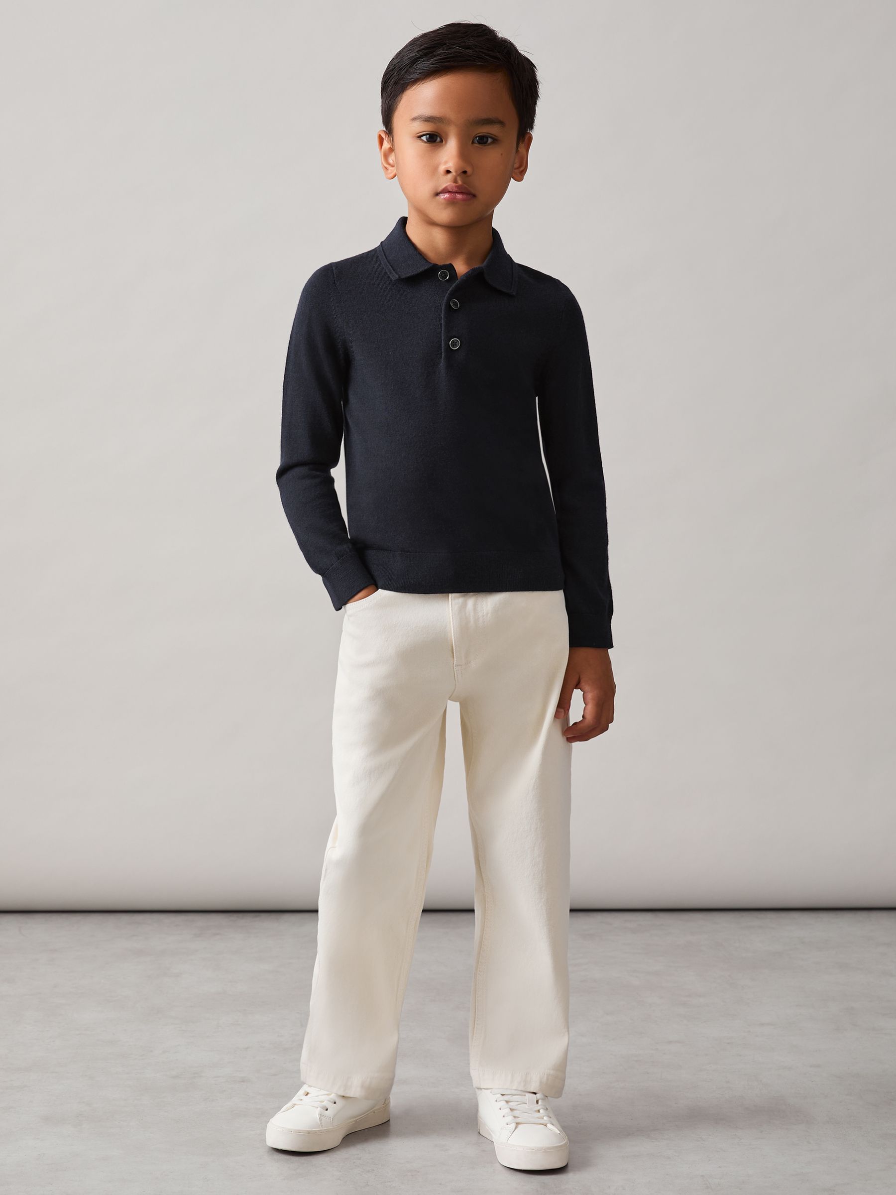 9-13 yrs Merino Wool Long-Sleeve Polo Shirt in Navy - Image 3 of 4