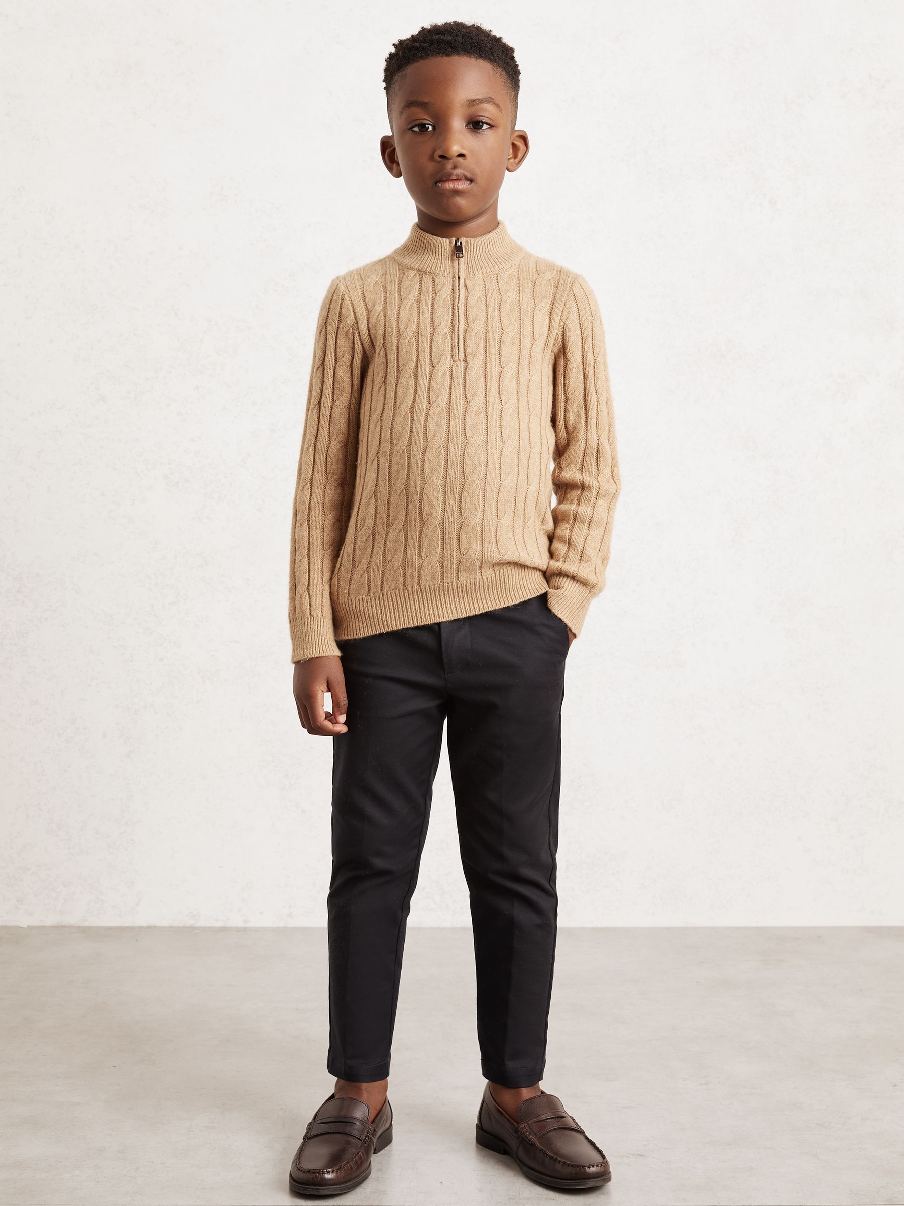 9-13 yrs Wool-Blend Half-Zip Cable Knit Jumper in Camel Melange - Image 1 of 4