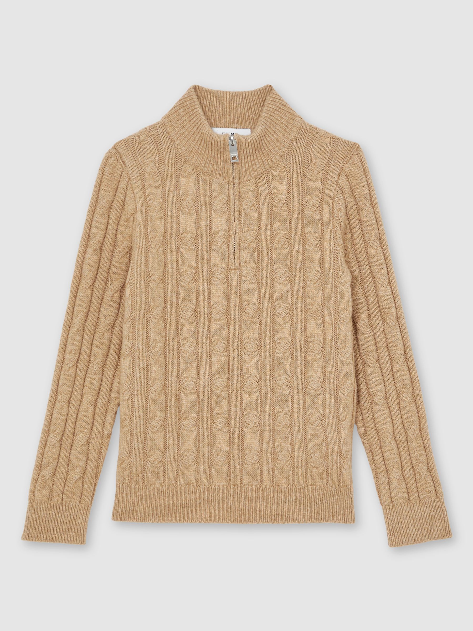 9-13 yrs Wool-Blend Half-Zip Cable Knit Jumper in Camel Melange - Image 2 of 4