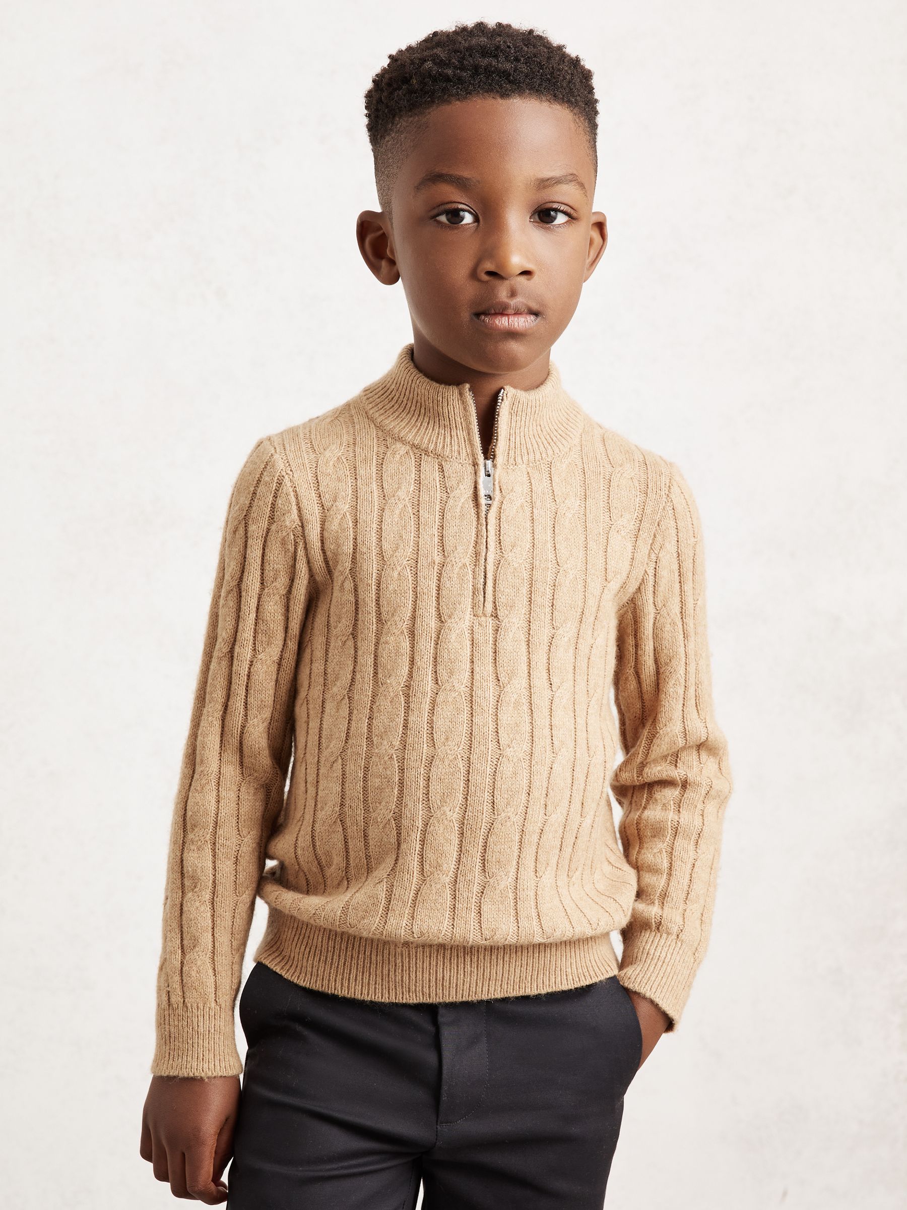 9-13 yrs Wool-Blend Half-Zip Cable Knit Jumper in Camel Melange - Image 3 of 4