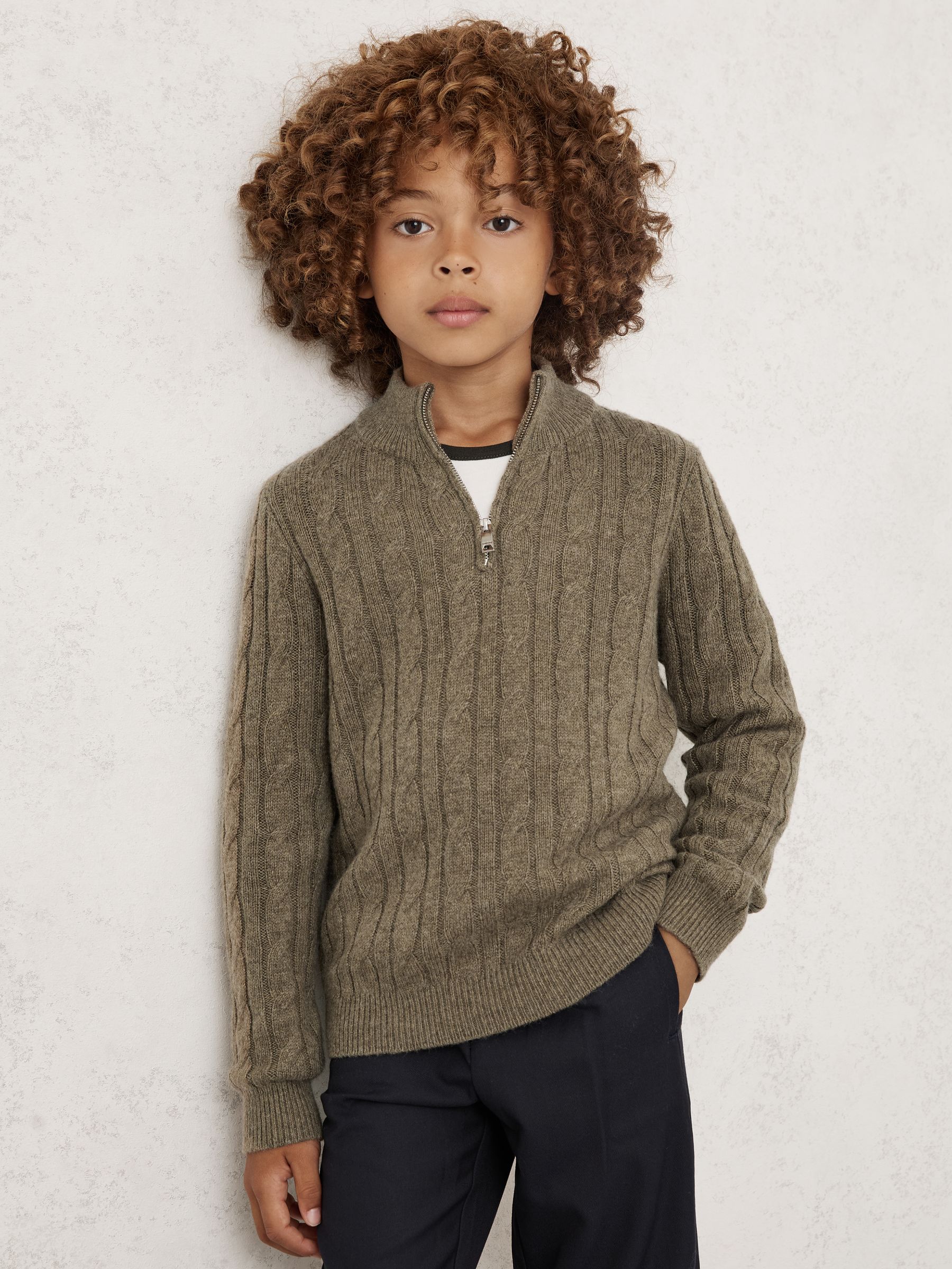 3-9 yrs Wool-Blend Half-Zip Cable Knit Jumper in Sage Green - Image 1 of 4