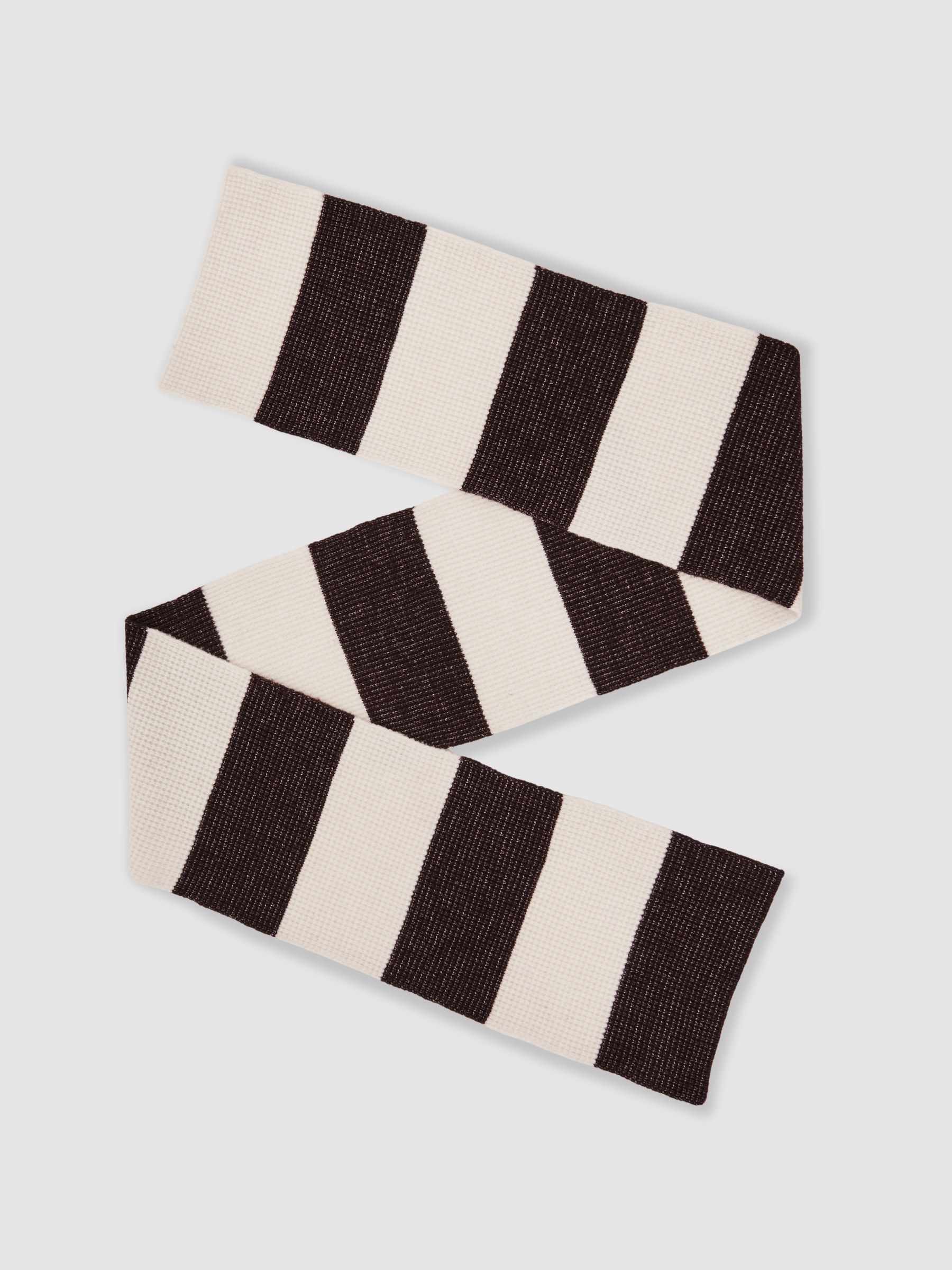 Waffle-Knit Block-Stripe Scarf with Wool in Chocolate Brown/Off White - image 5