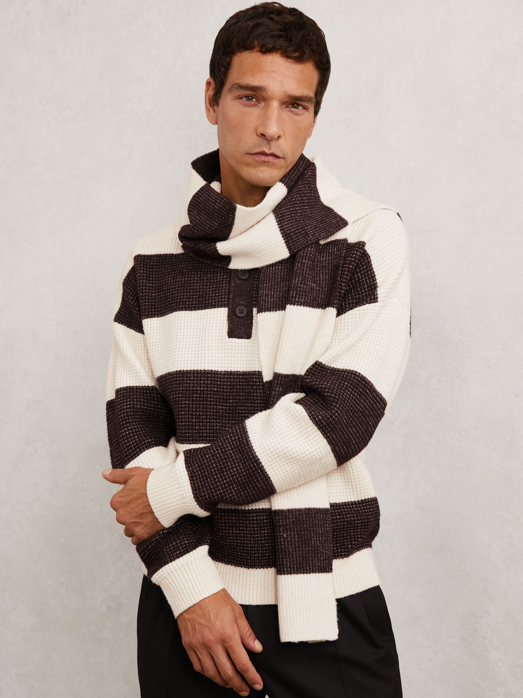 Waffle-Knit Block-Stripe Scarf with Wool in Chocolate Brown/Off White - image 1