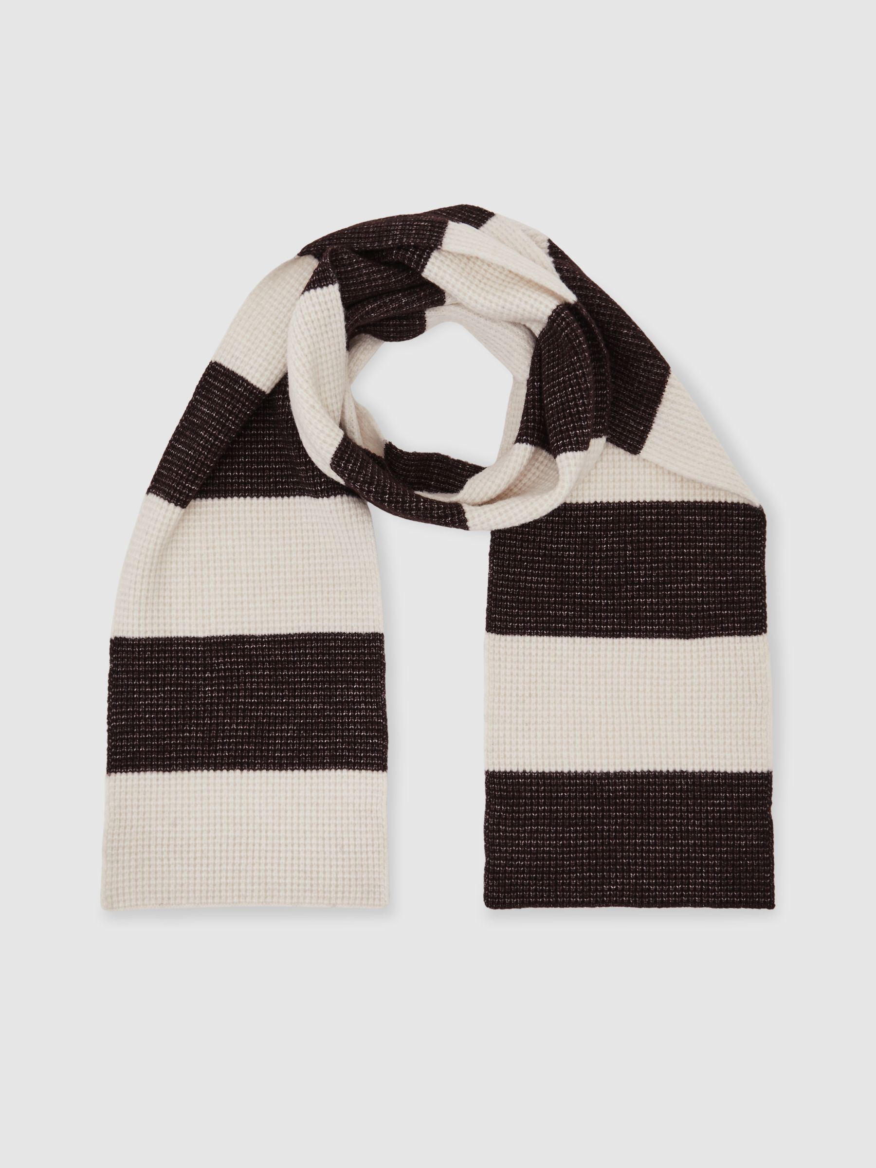 Waffle-Knit Block-Stripe Scarf with Wool in Chocolate Brown/Off White - image 2