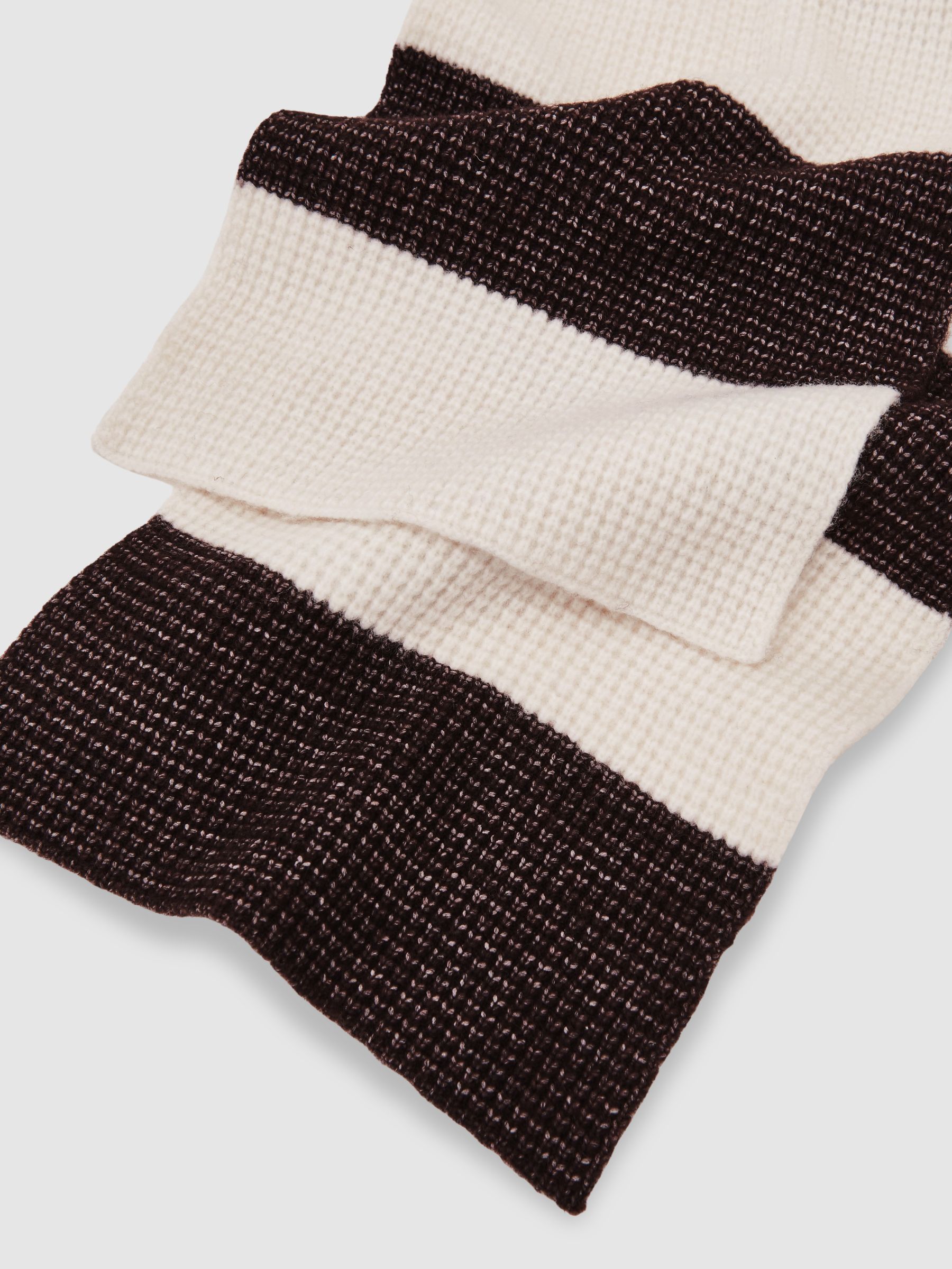 Waffle-Knit Block-Stripe Scarf with Wool in Chocolate Brown/Off White - image 3