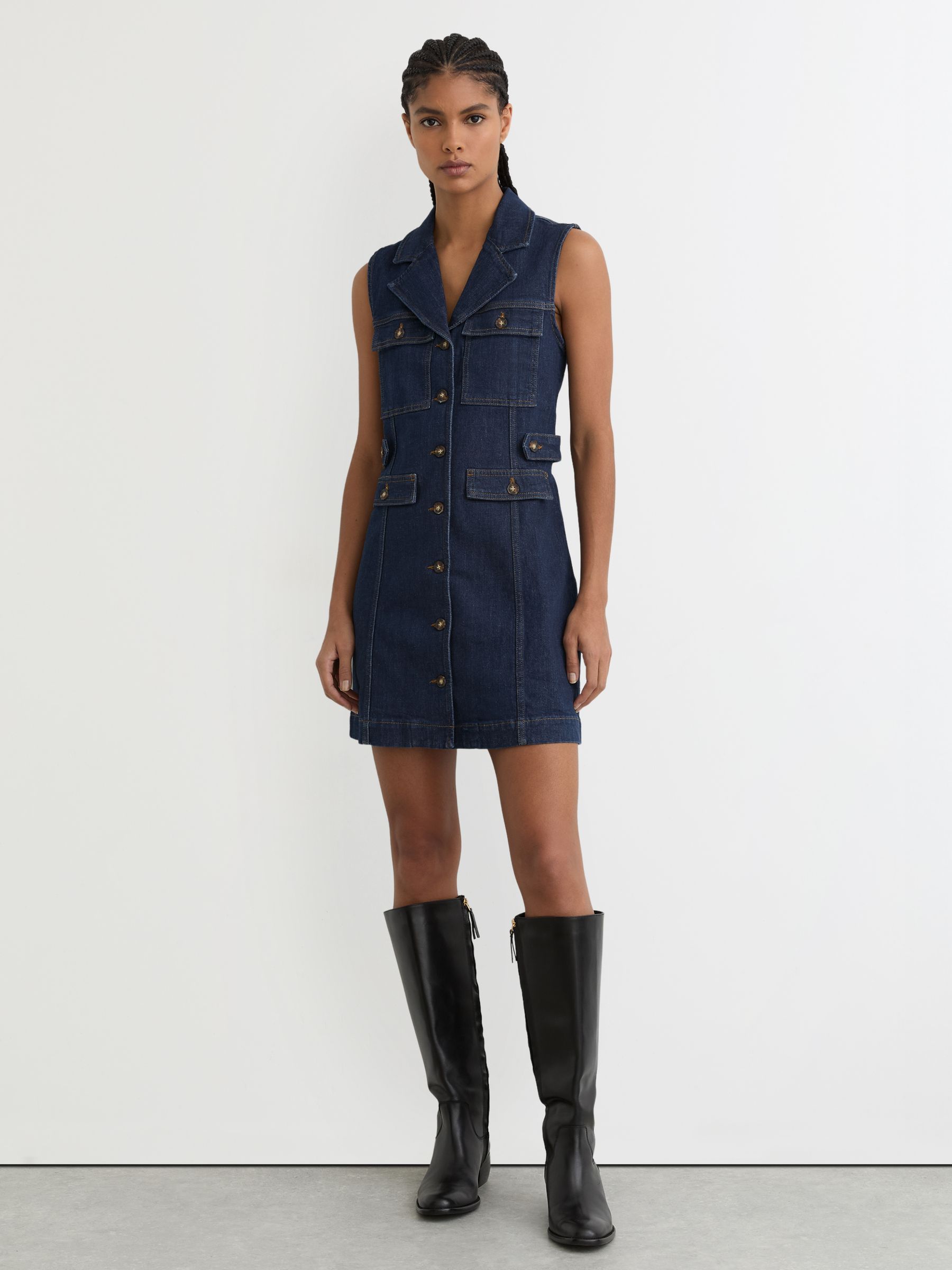 Paige Sleeveless Denim Mini Dress in Dark Blue - Image 1 of 6