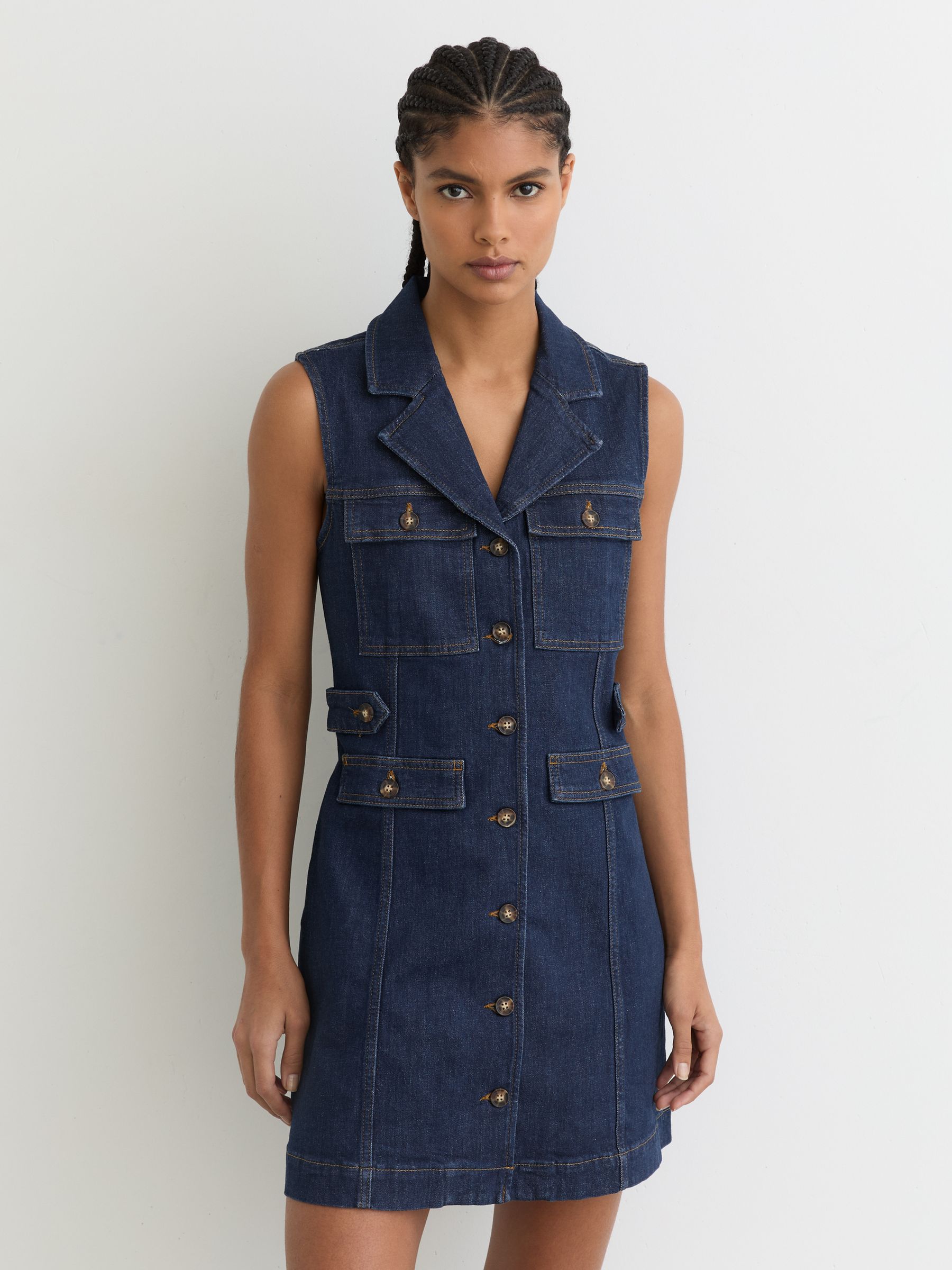 Paige Sleeveless Denim Mini Dress in Dark Blue - Image 3 of 6
