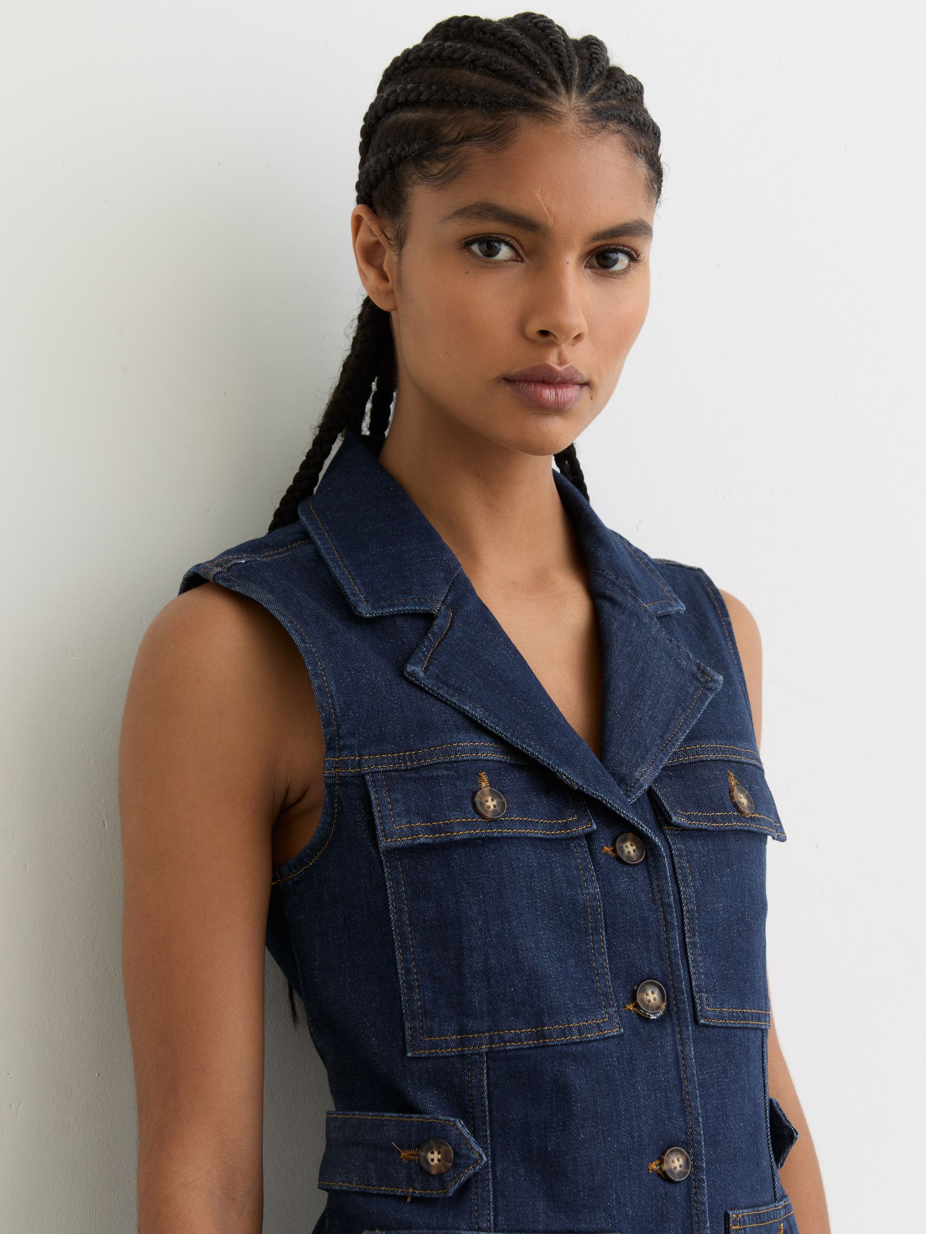 Paige Sleeveless Denim Mini Dress in Dark Blue - Image 4 of 6