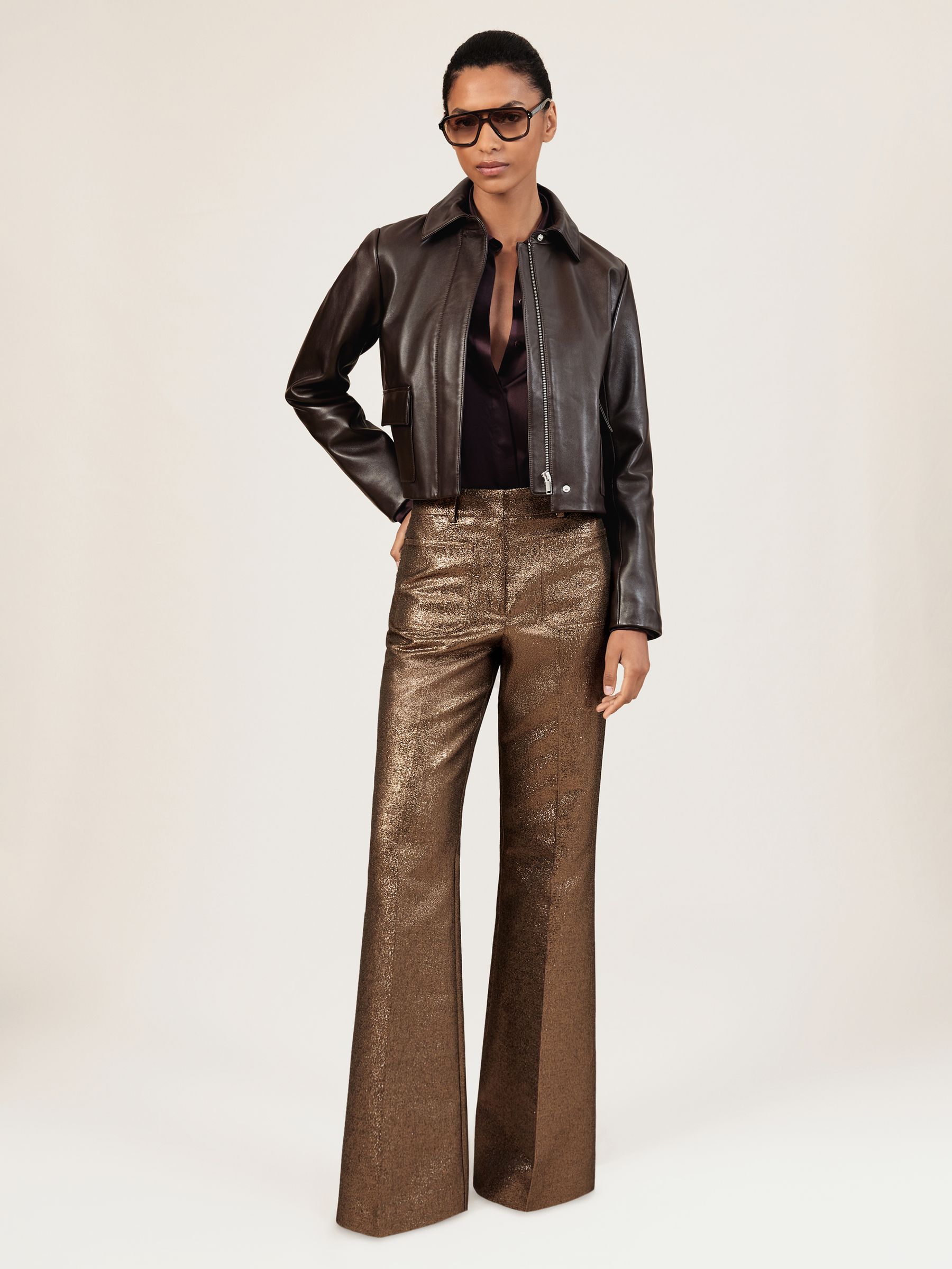 Petite Sparkle Patch-Pocket Flared Trousers in Gold - Image 1 of 8 Petite Sparkle Patch-Pocket Flared Trousers in Gold - Image 1 of 8