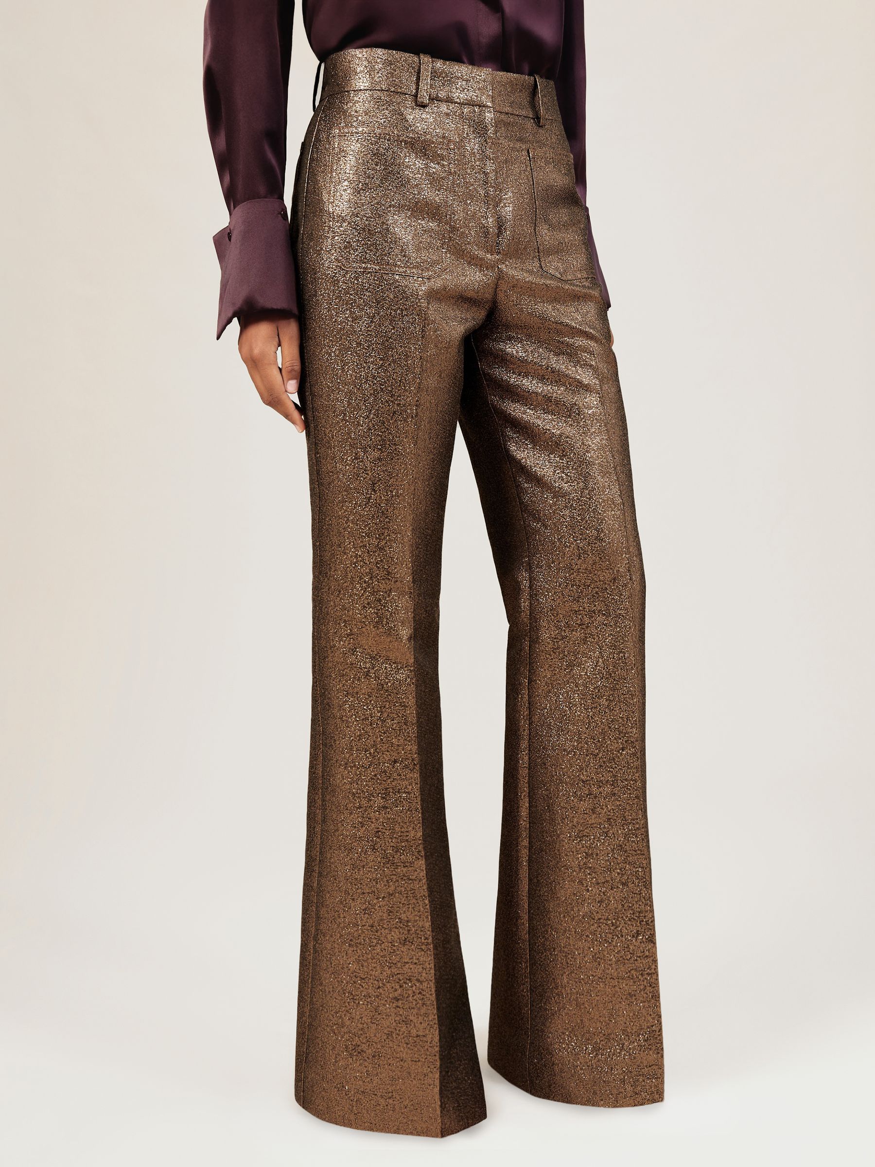 Petite Sparkle Patch-Pocket Flared Trousers in Gold - Image 3 of 8