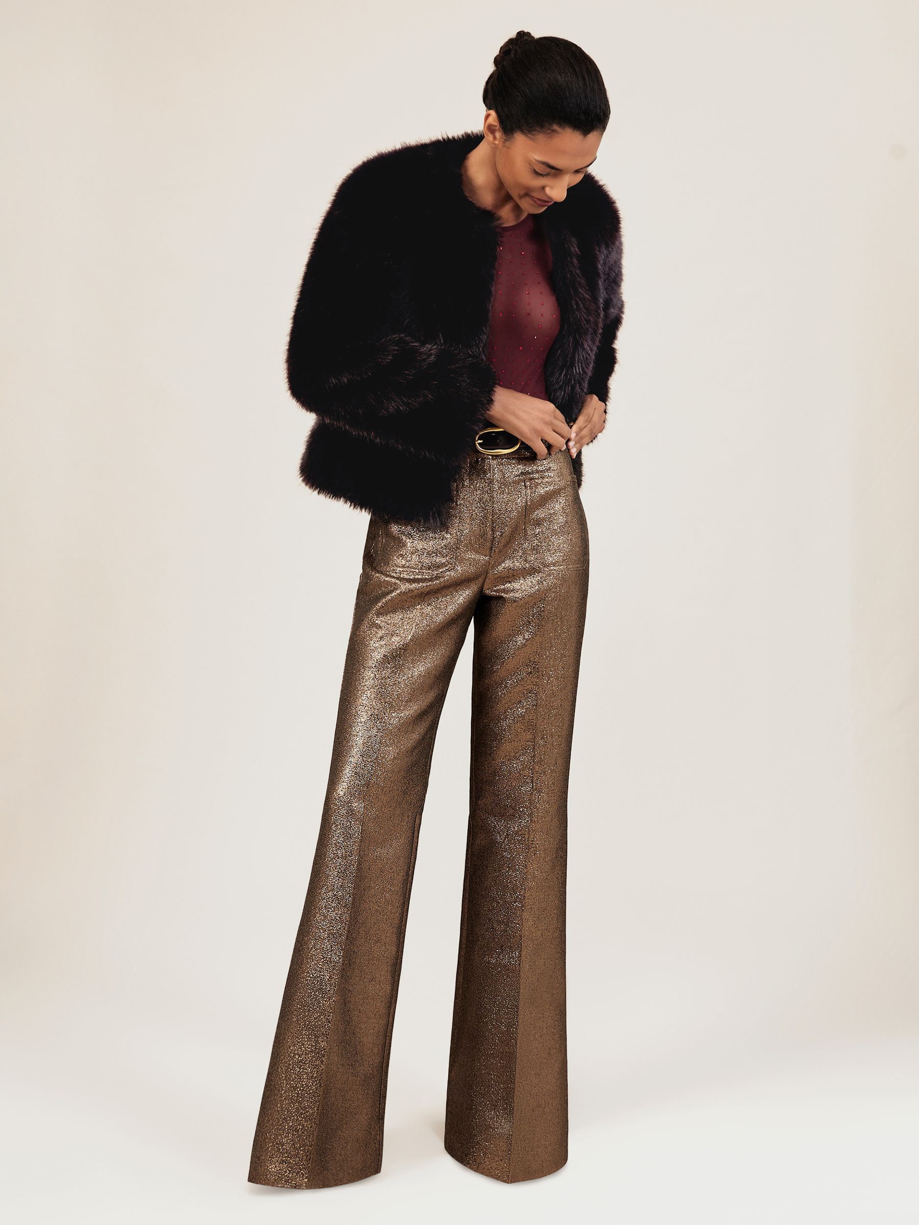 Petite Sparkle Patch-Pocket Flared Trousers in Gold - Image 6 of 8