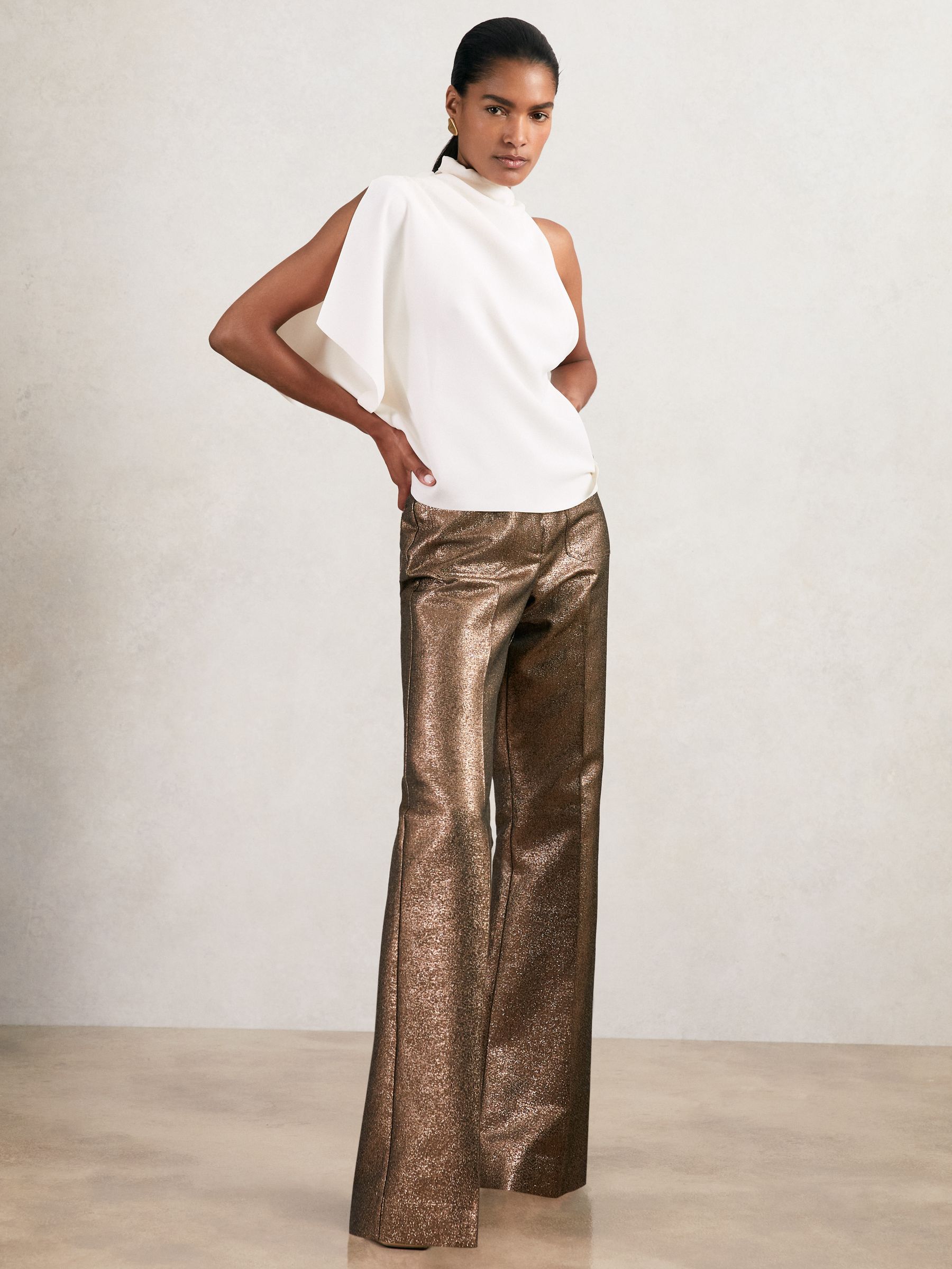 Sparkle Patch-Pocket Flared Trousers in Gold - Image 1 of 7 Sparkle Patch-Pocket Flared Trousers in Gold - Image 1 of 7