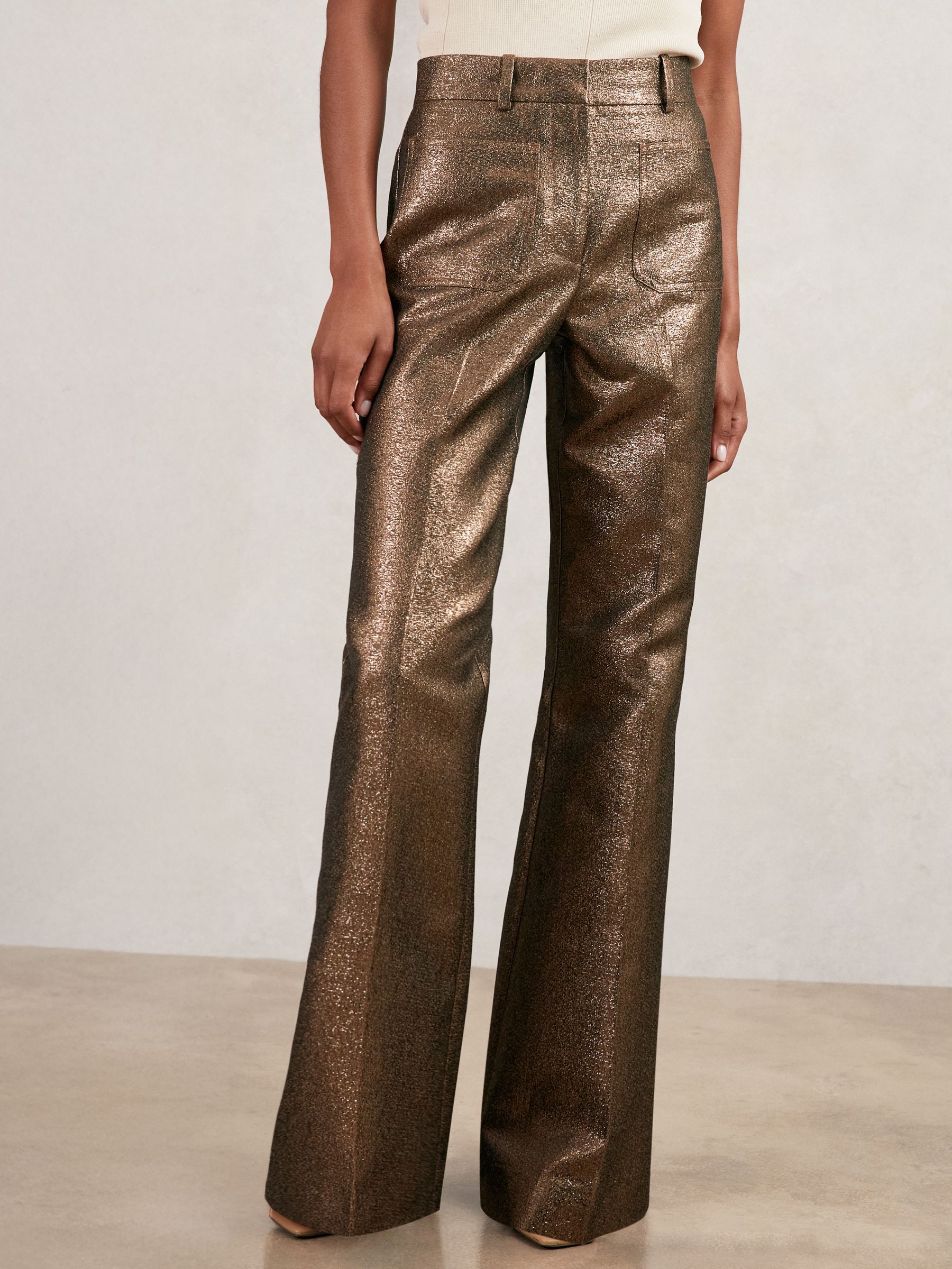 Reiss Sparkle Patch-Pocket Flared Trousers in Gold | REISS
