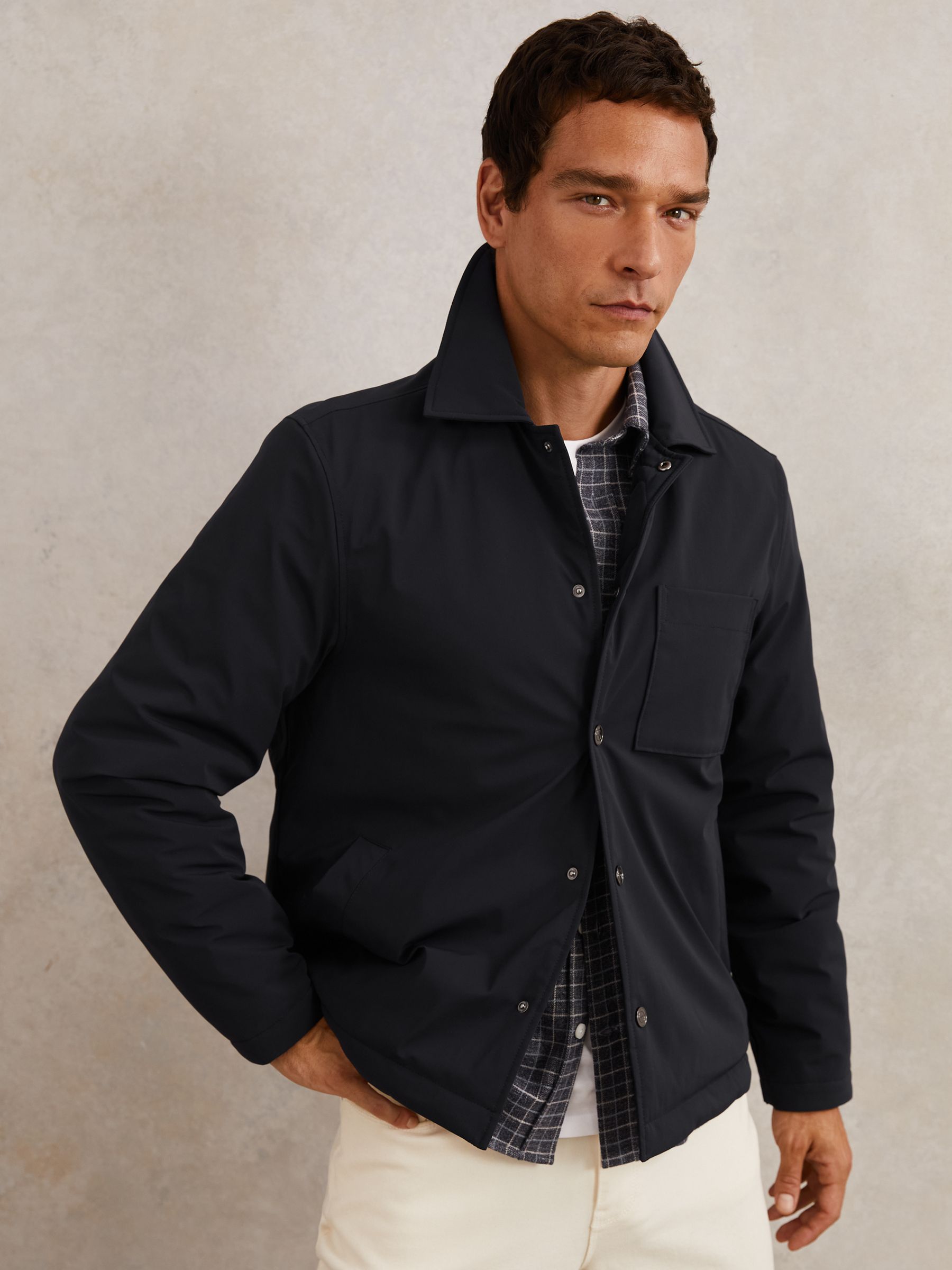 Lightly-Padded Patch-Pocket Overshirt in Navy - Image 1 of 6