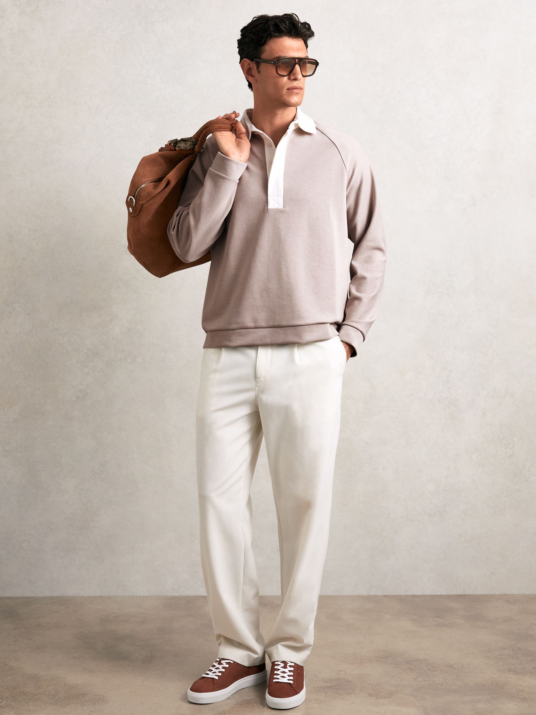 Colour Block Rugby Shirt in Oatmeal/White - Image 1 of 6 Colour Block Rugby Shirt in Oatmeal/White - Image 1 of 6