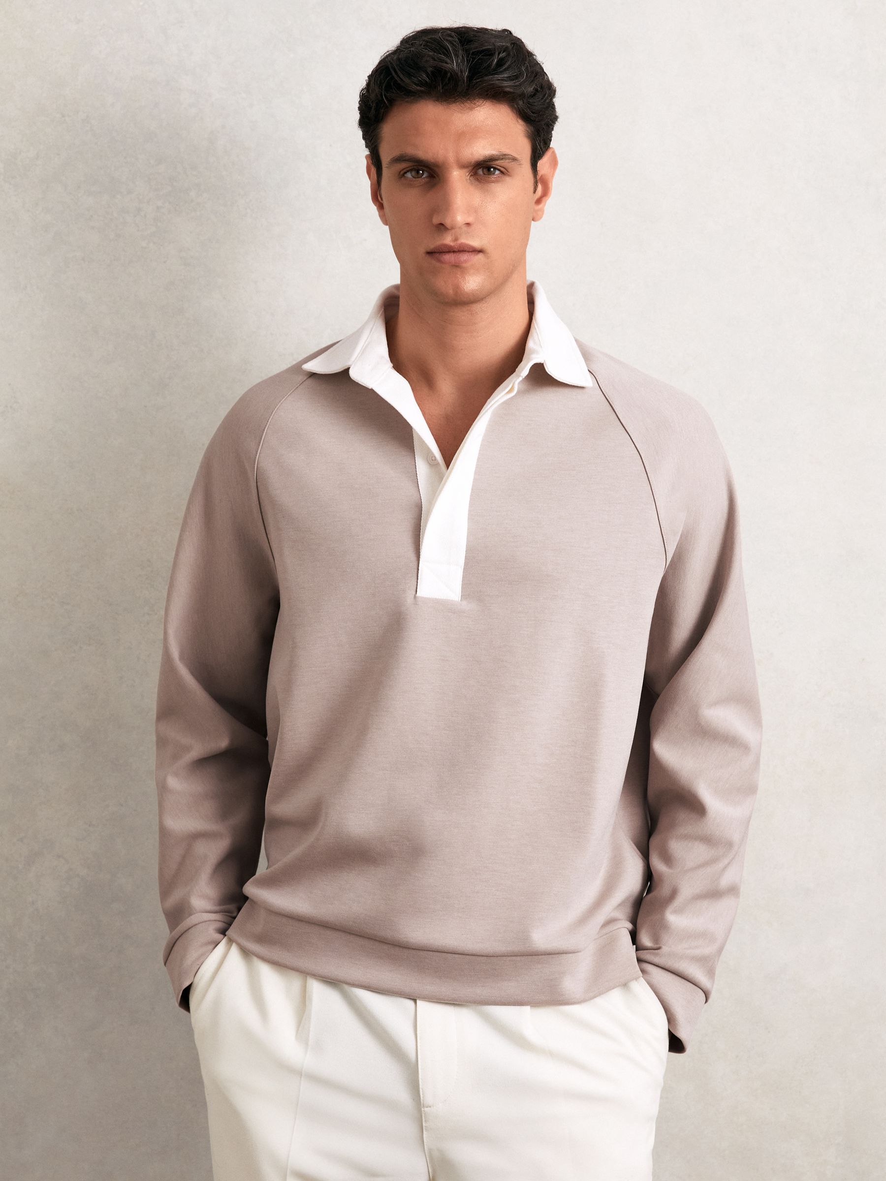 Colour Block Rugby Shirt in Oatmeal/White - Image 3 of 6