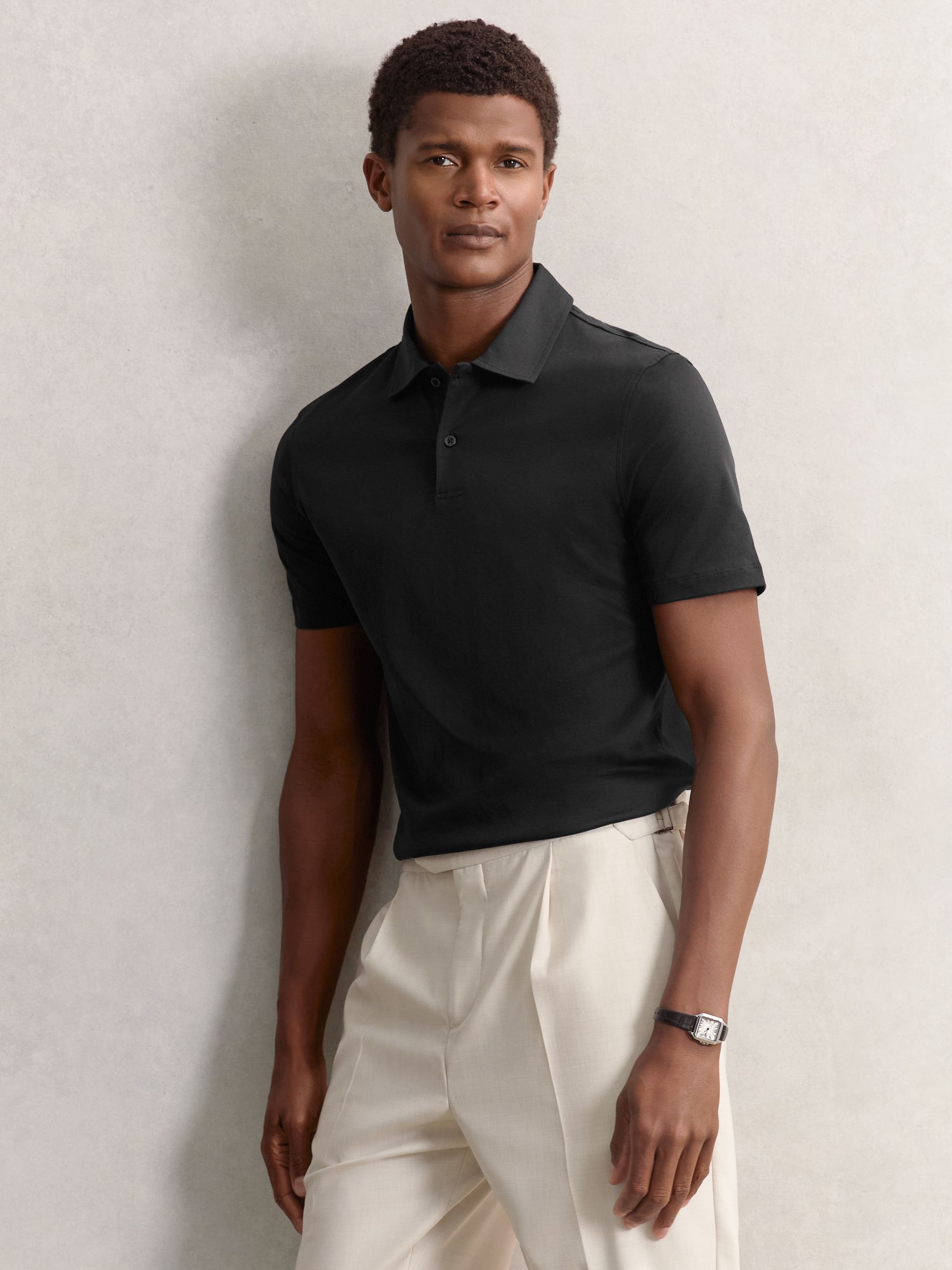 Air-Water Cotton Polo Shirt in Black - Image 1 of 6