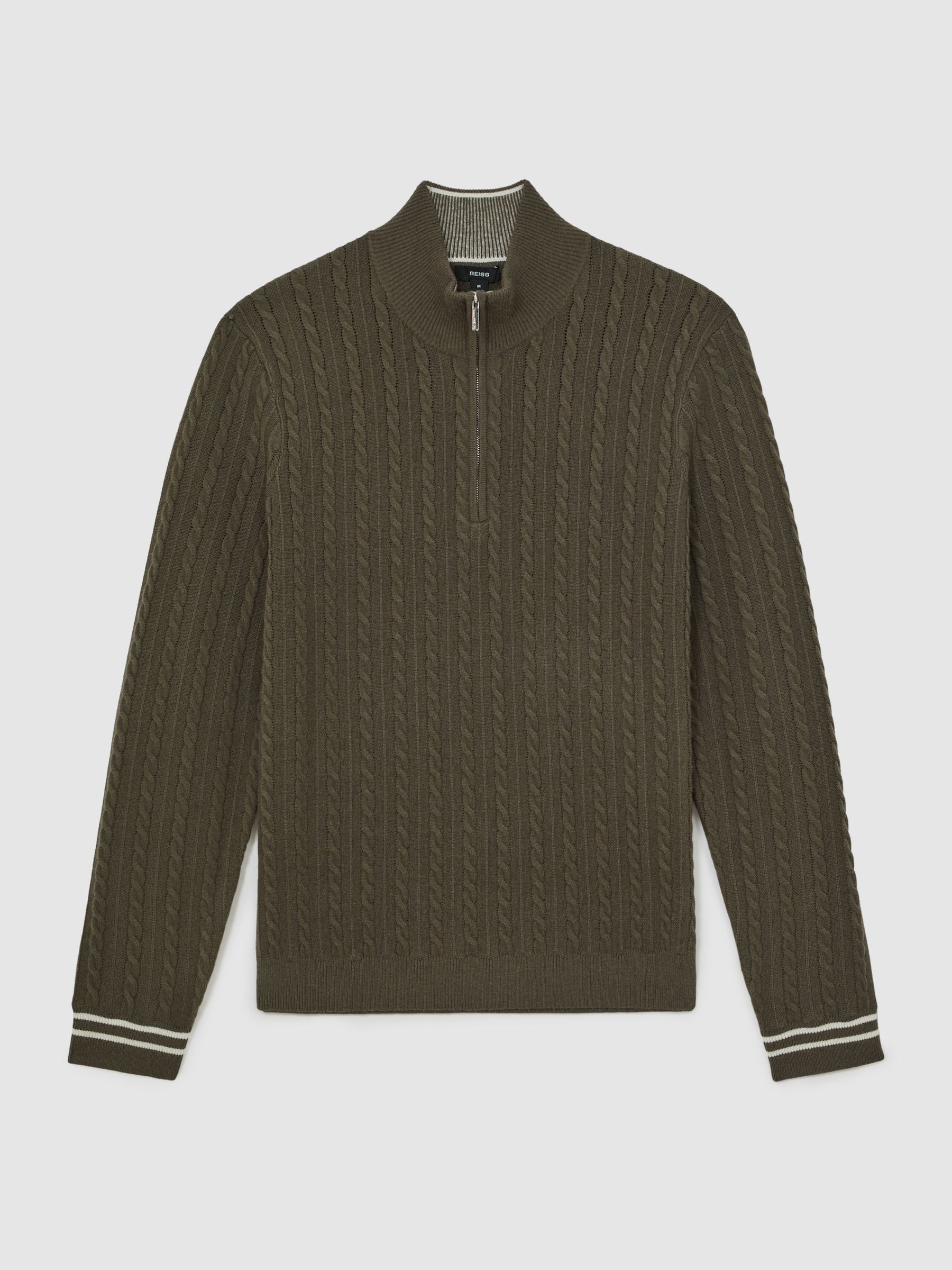 Half-Zip Cable Knit Jumper With Wool in Khaki Green - Image 2 of 5