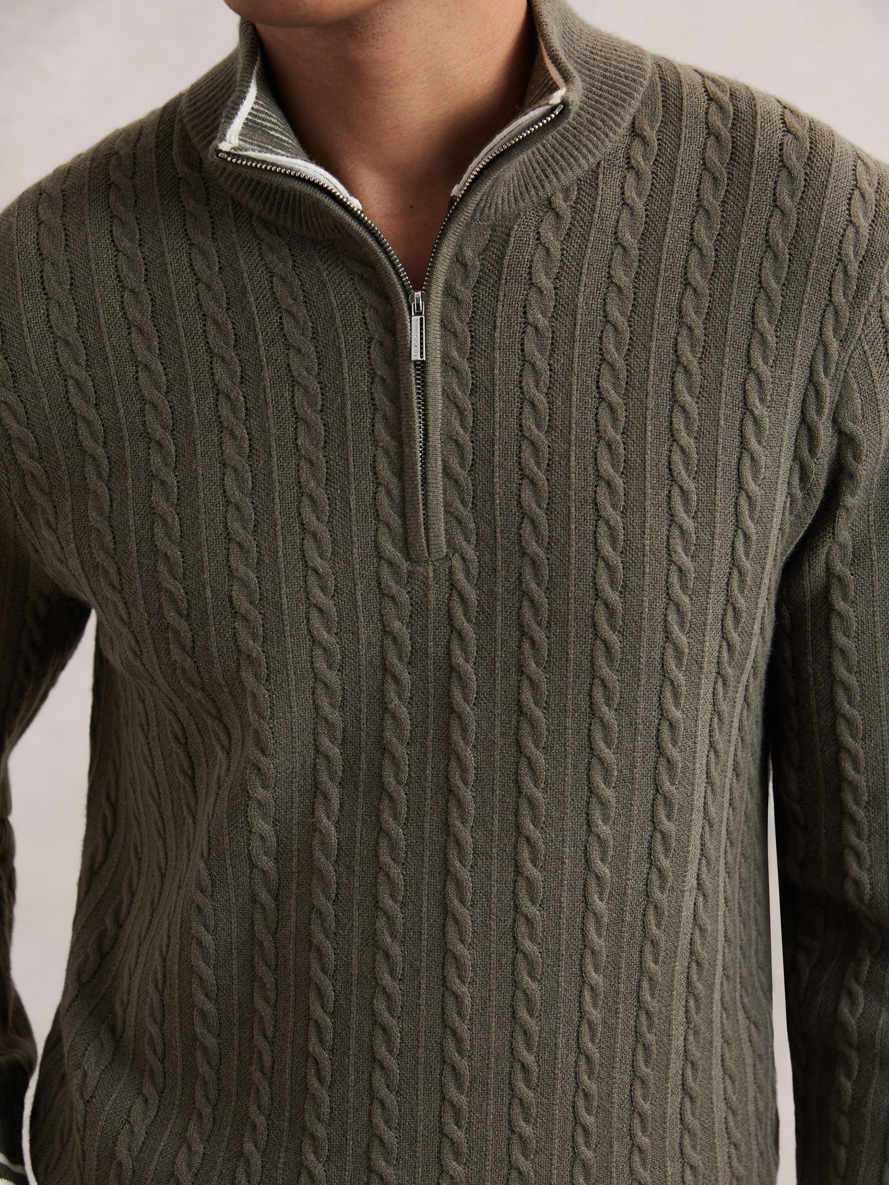 Half-Zip Cable Knit Jumper With Wool in Khaki Green - Image 3 of 5