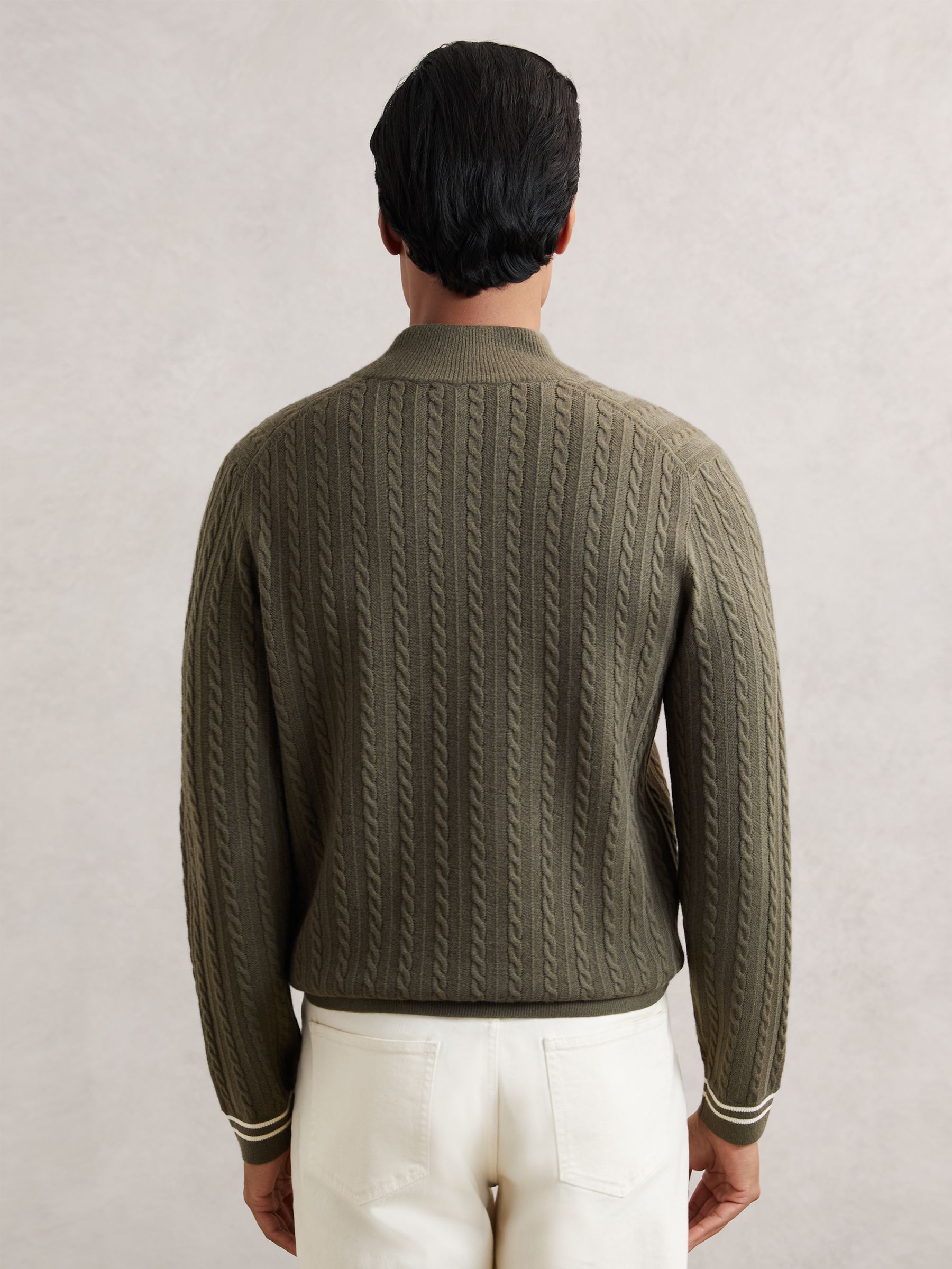 Half-Zip Cable Knit Jumper With Wool in Khaki Green - Image 4 of 5