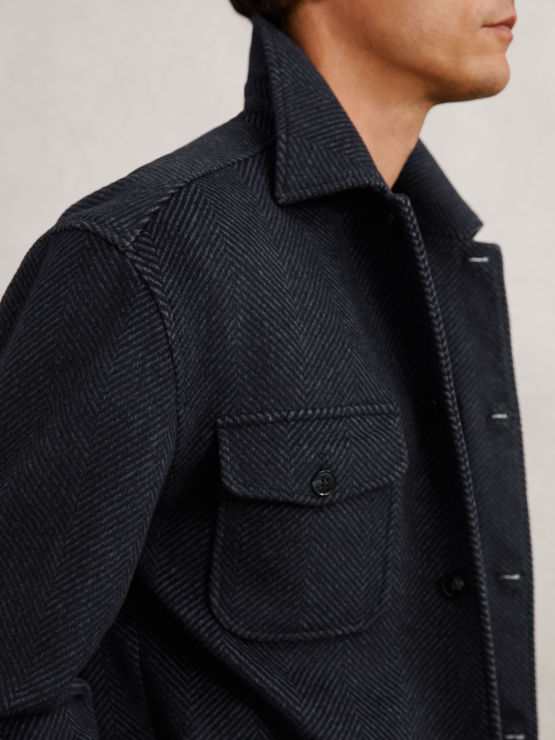 Reiss Wool-Blend Herringbone Overshirt in Navy | REISS