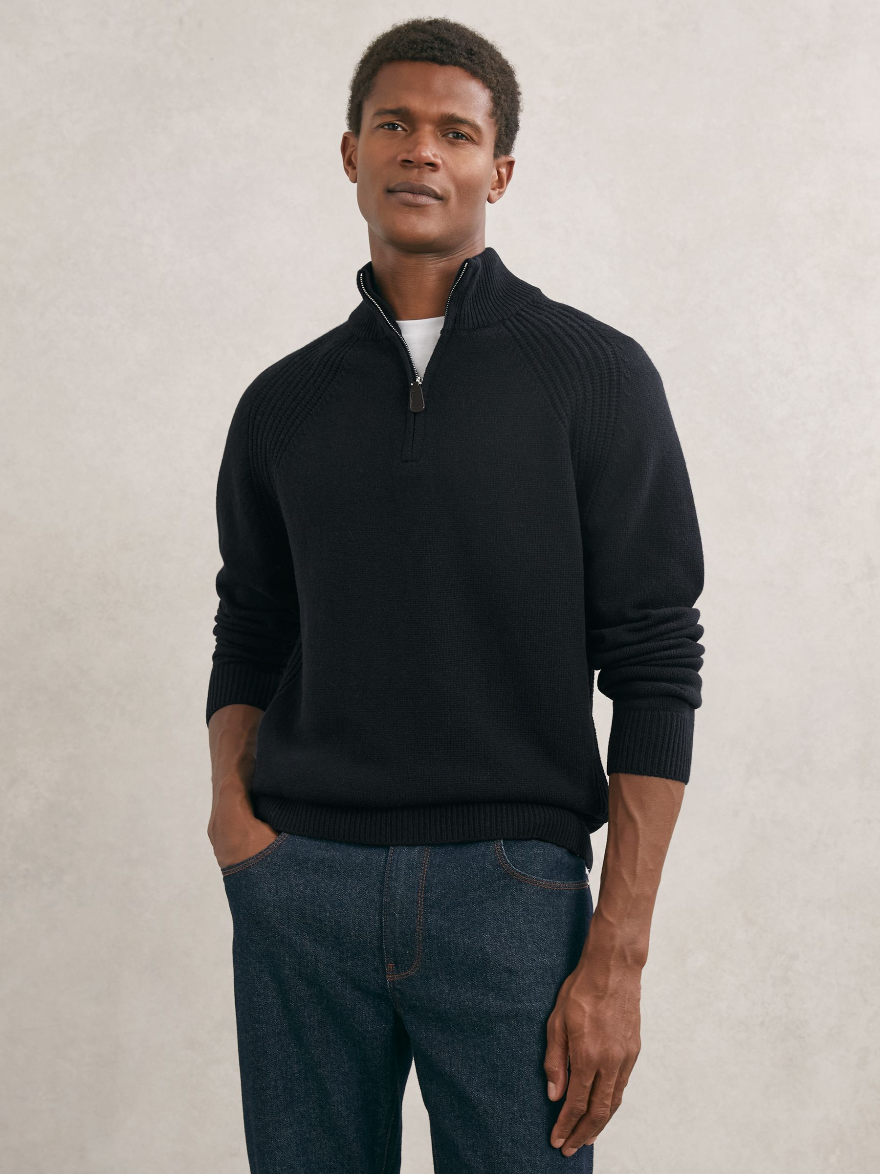 Reiss Wool And Cashmere Half-Zip Jumper in Navy | REISS