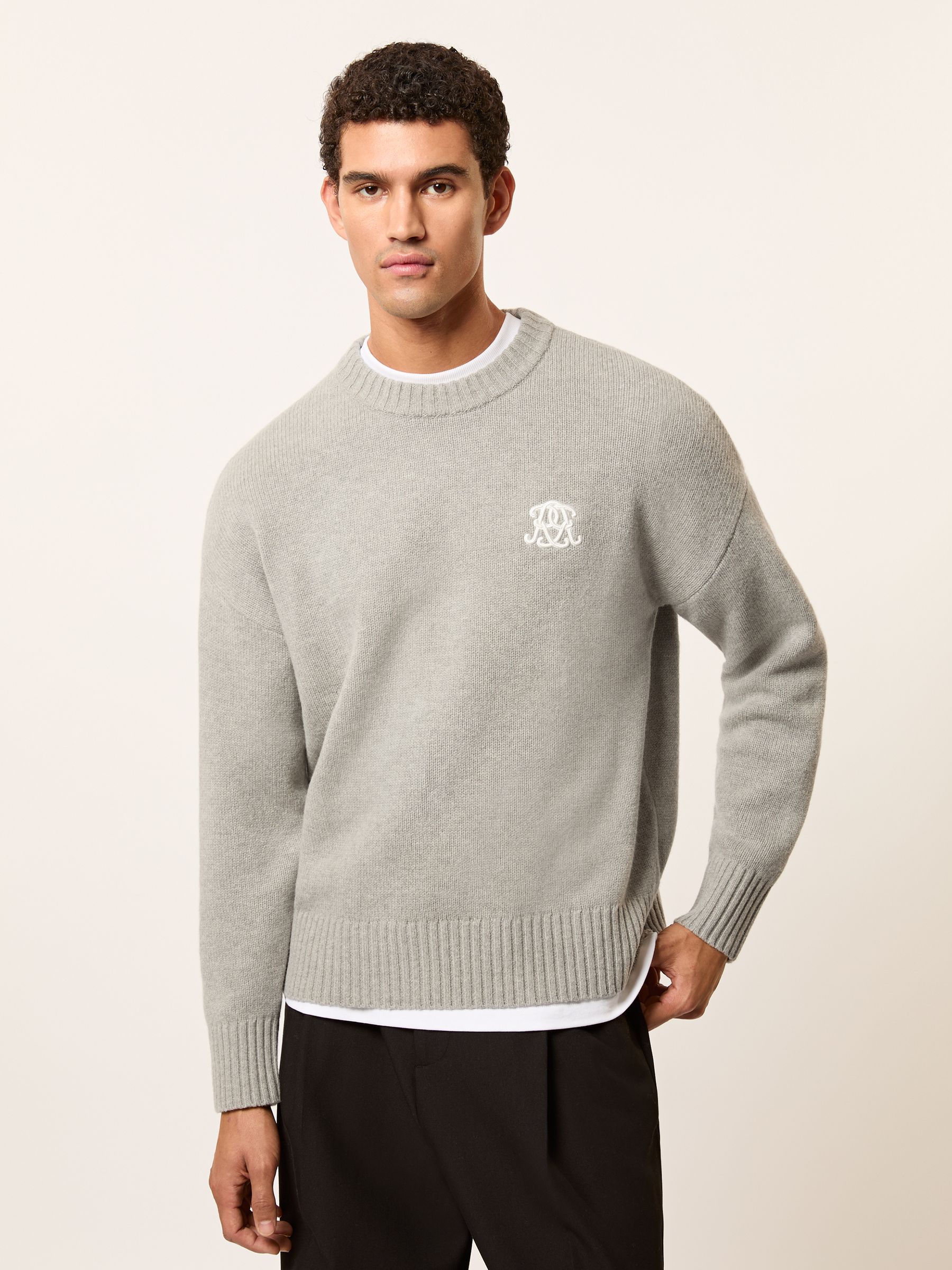 Monogram Embroidered Wool Jumper in Grey Melange - Image 1 of 7