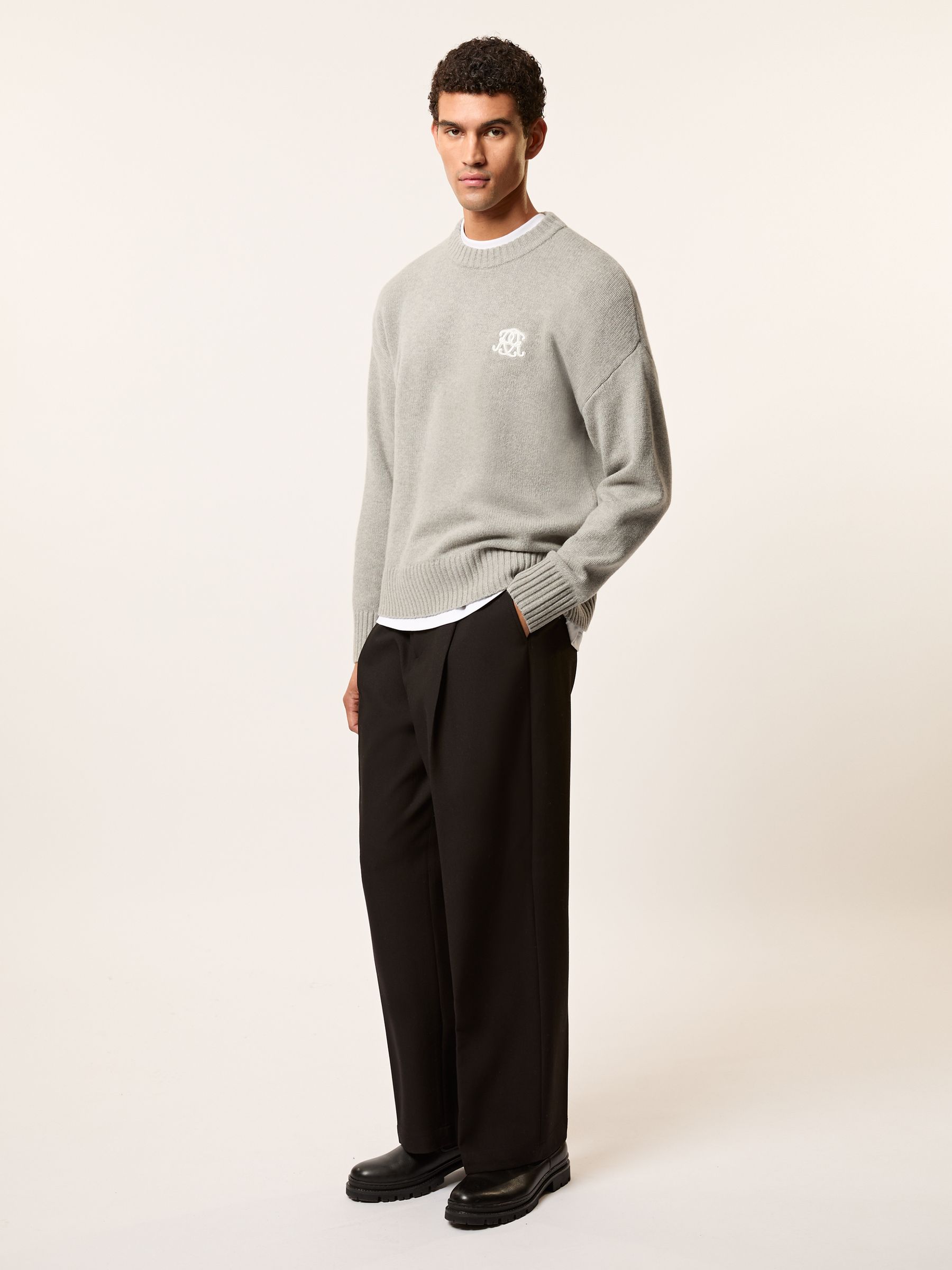 Monogram Embroidered Wool Jumper in Grey Melange - Image 3 of 7
