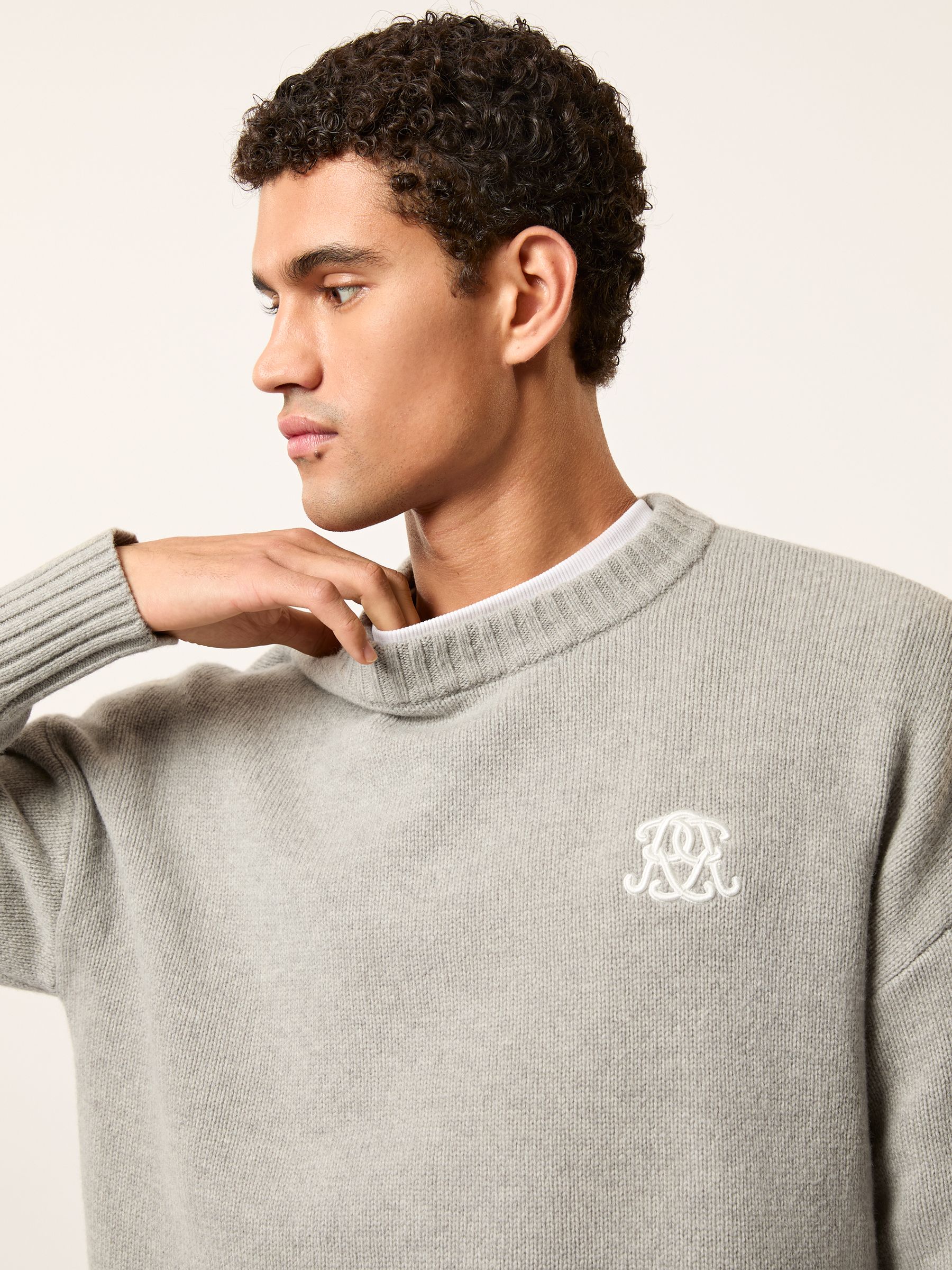 Monogram Embroidered Wool Jumper in Grey Melange - Image 4 of 7
