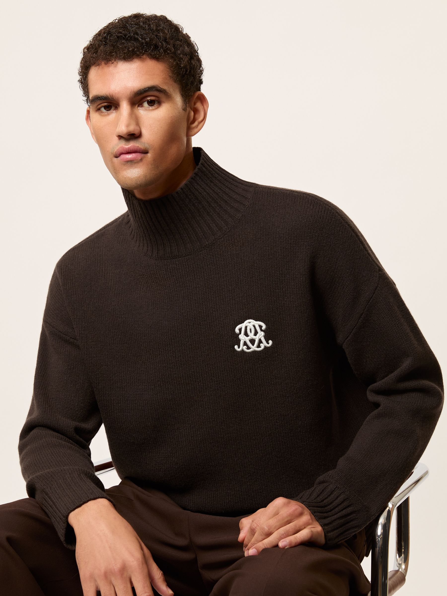 Monogram Wool Funnel-Neck Jumper in Dark Brown - Image 1 of 7