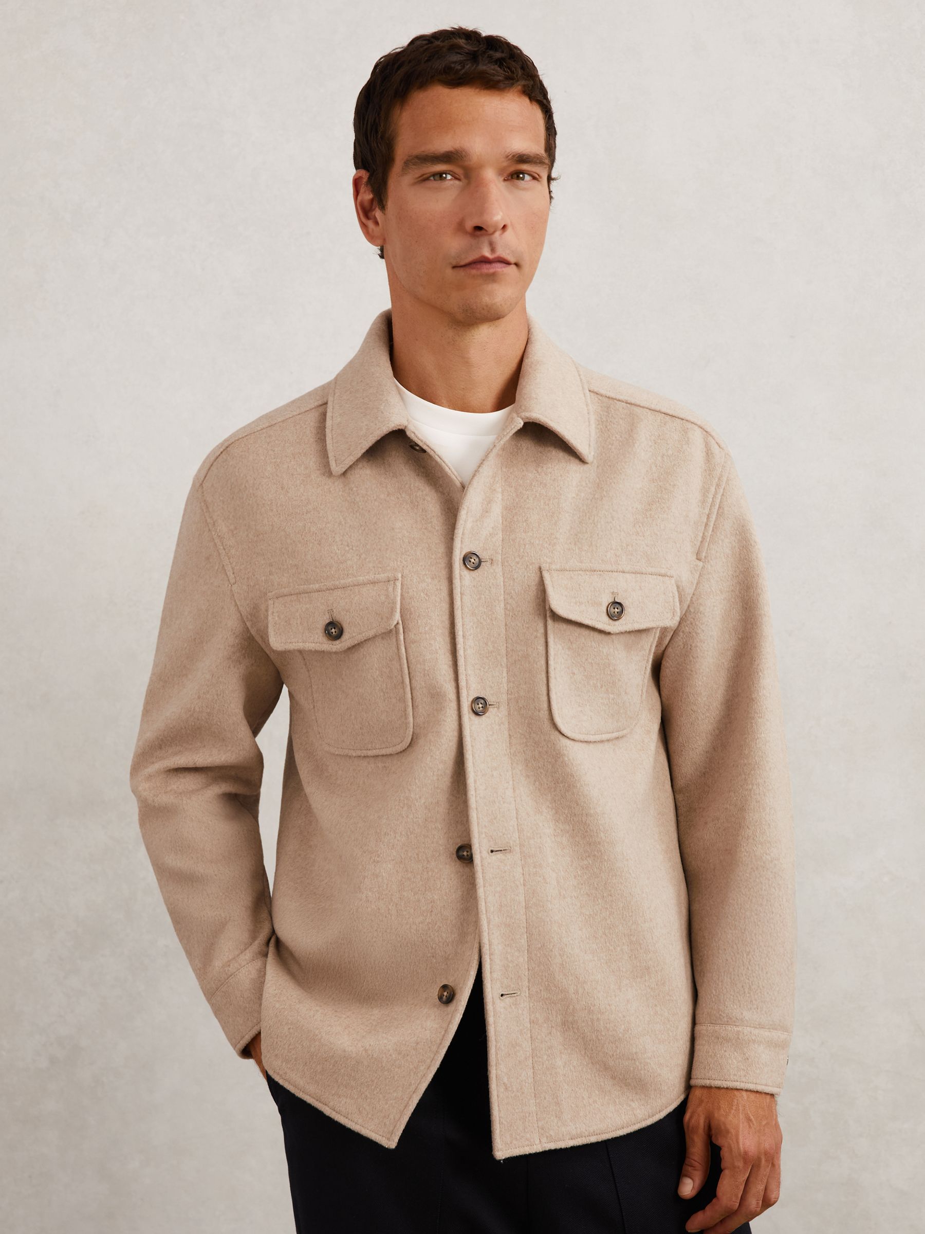 Wool-Blend Twin-Pocket Overshirt in Oatmeal Brown - Image 3 of 7