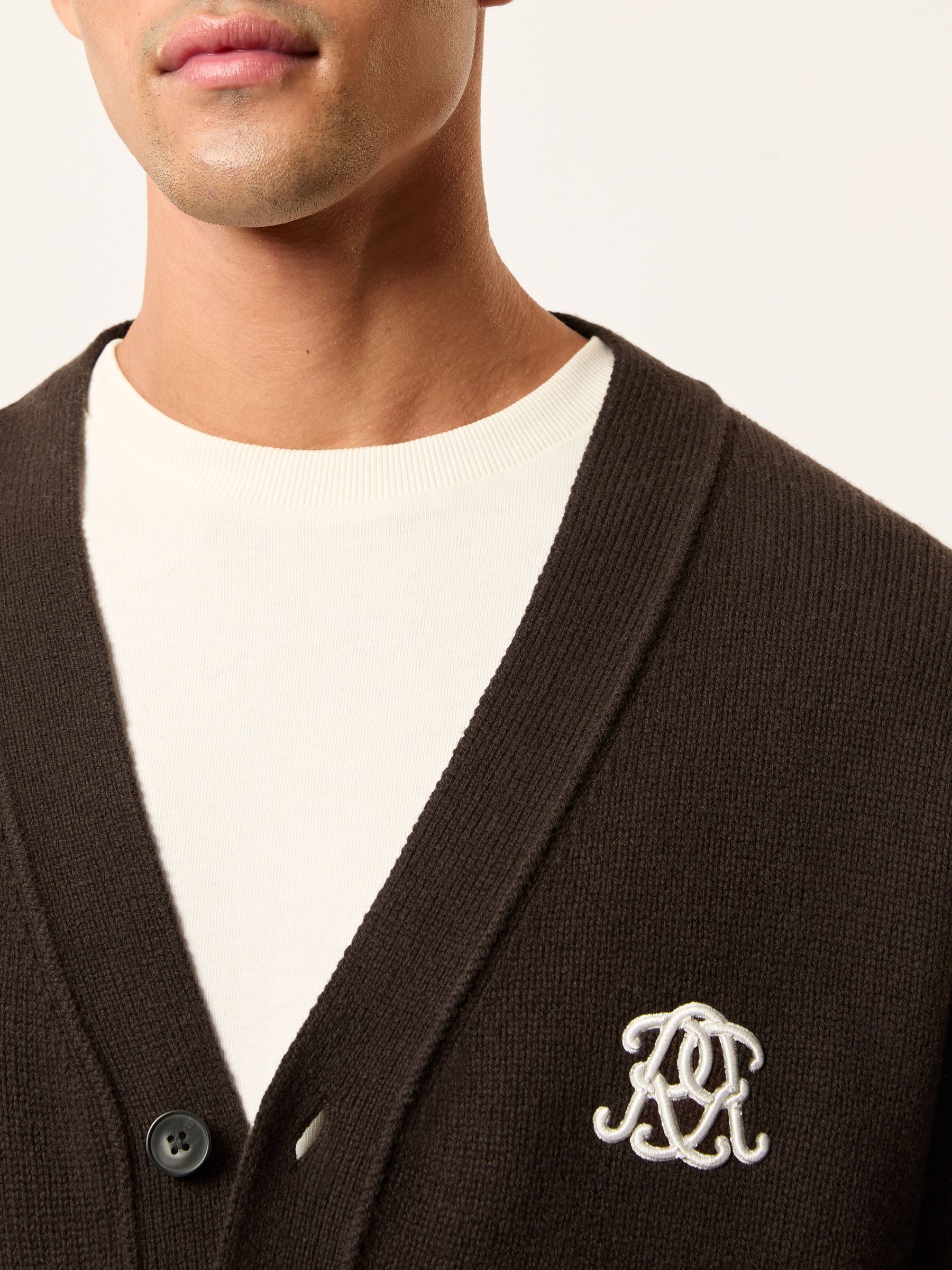 Monogram Embroidered Wool Cardigan in Brown - Image 4 of 7
