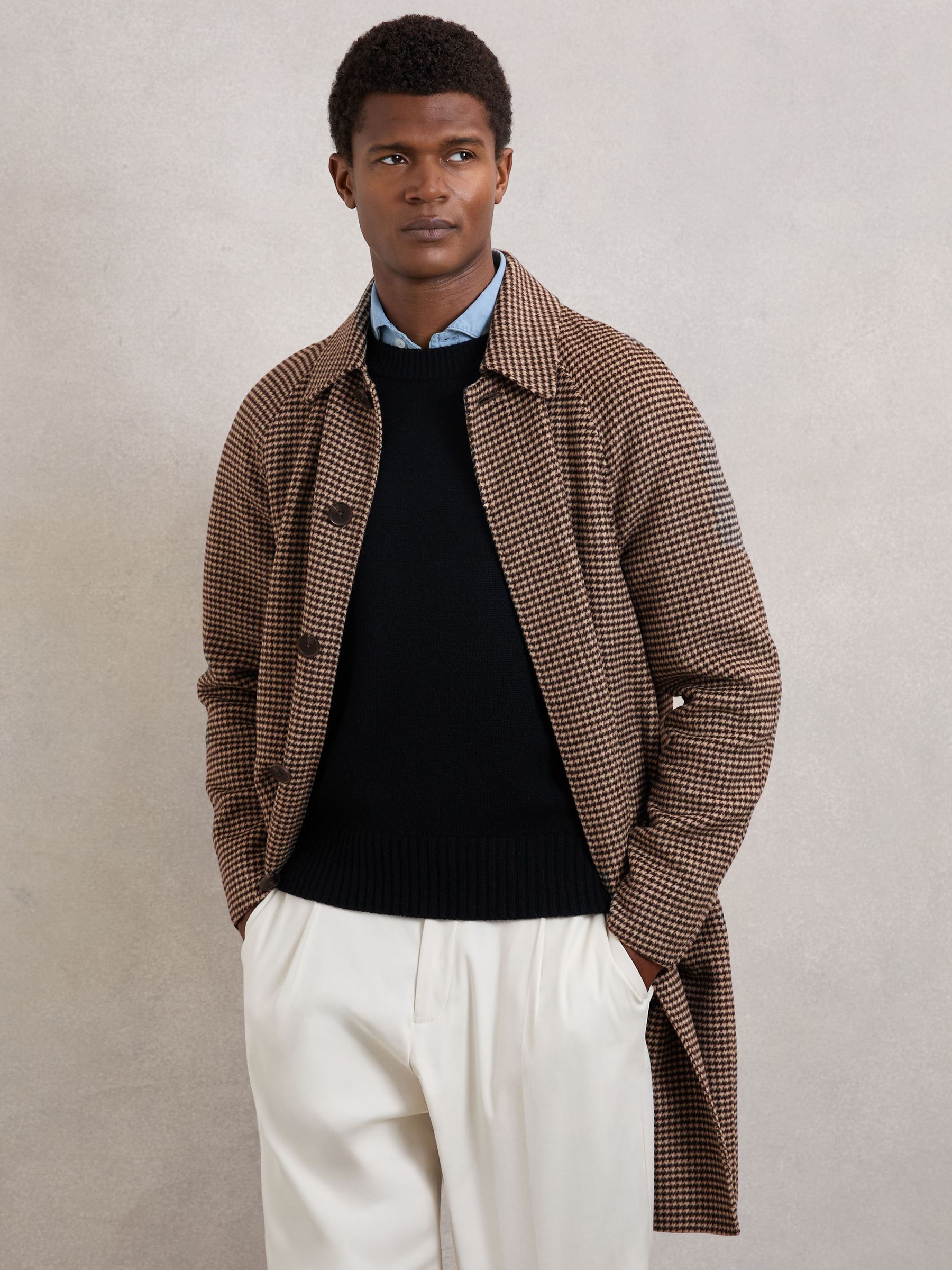 Reiss Wool-Blend Dogtooth-Check Overcoat in Brown | REISS