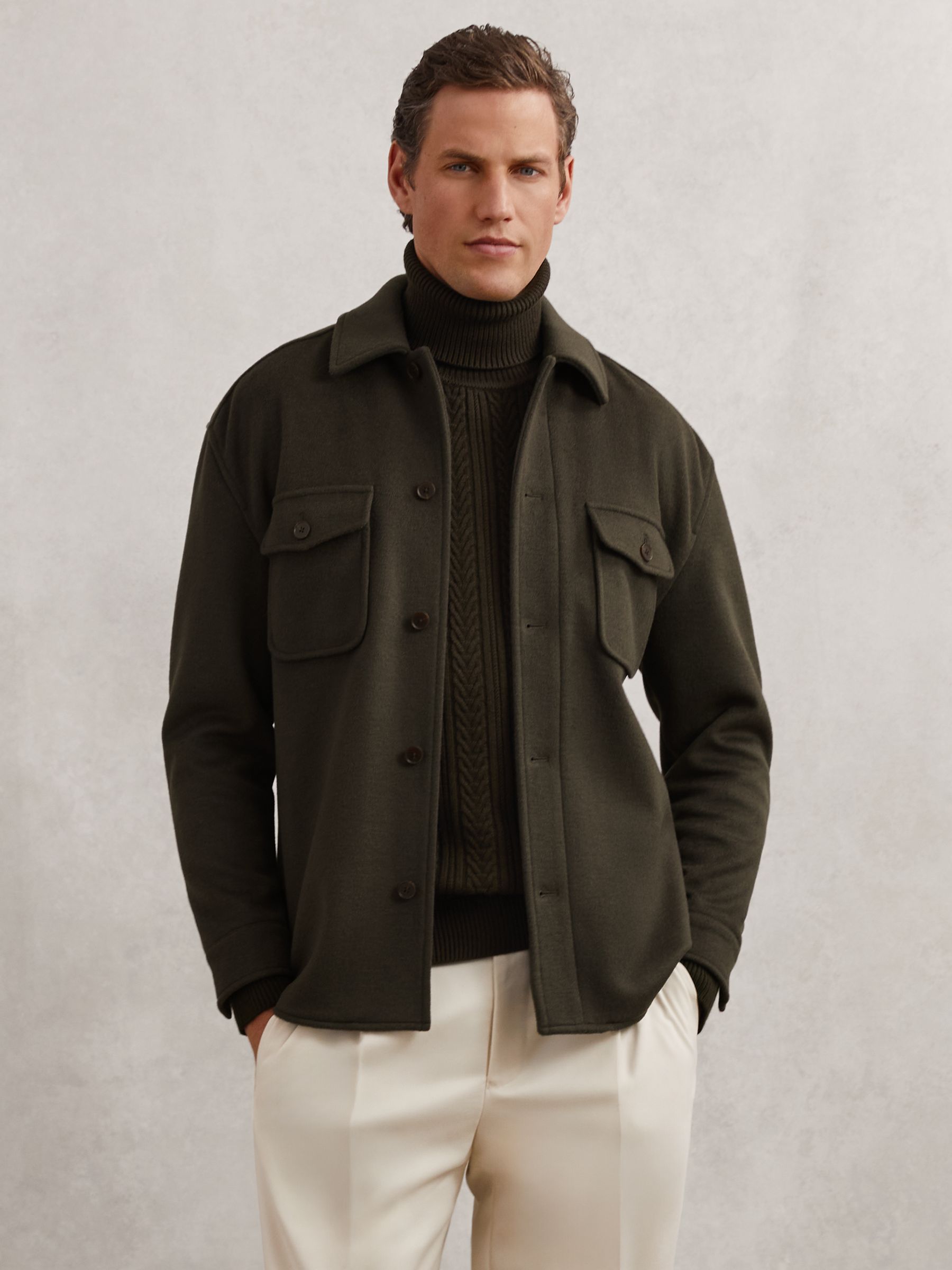 Wool-Blend Twin-Pocket Overshirt in Khaki Green - Image 1 of 6