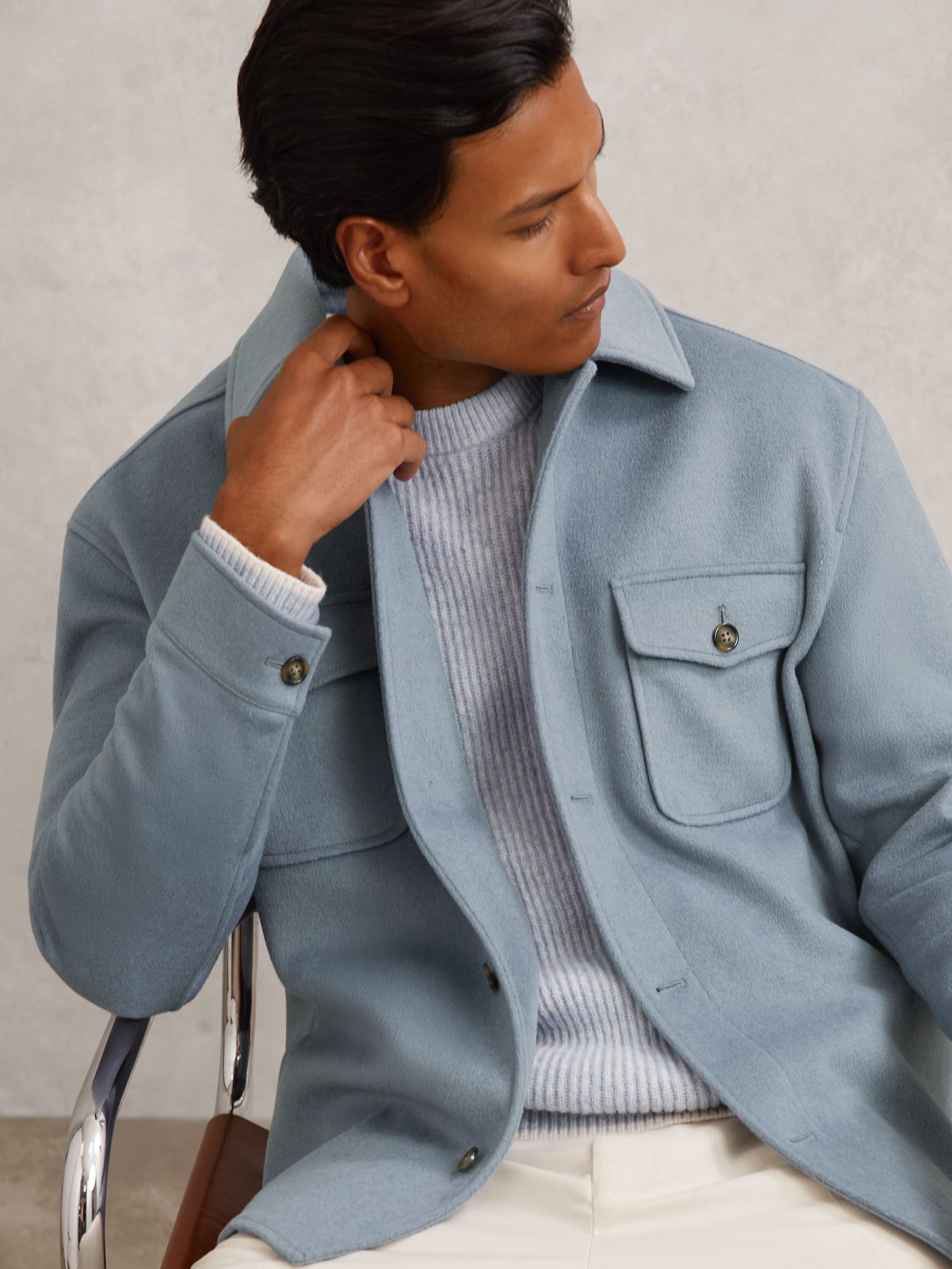 Wool-Blend Twin-Pocket Overshirt in Soft Blue - Image 6 of 7