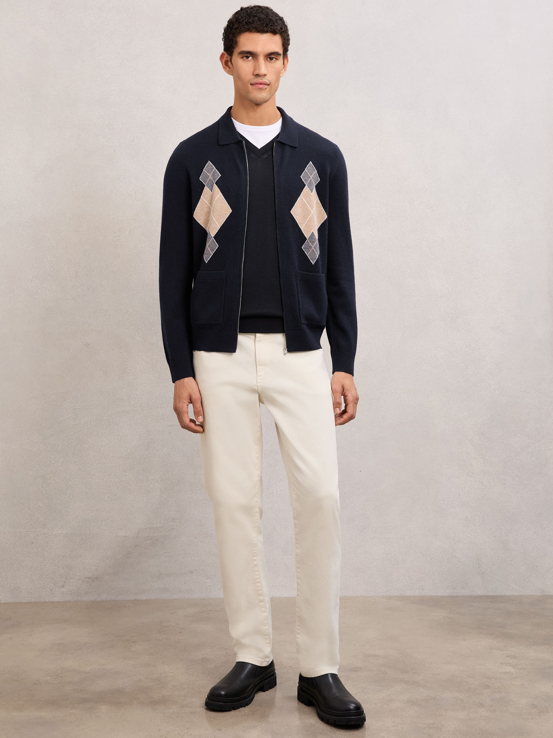 Vlněný kardigan s argyle na zip v námořnické barvě - Obrázek 3 z 6