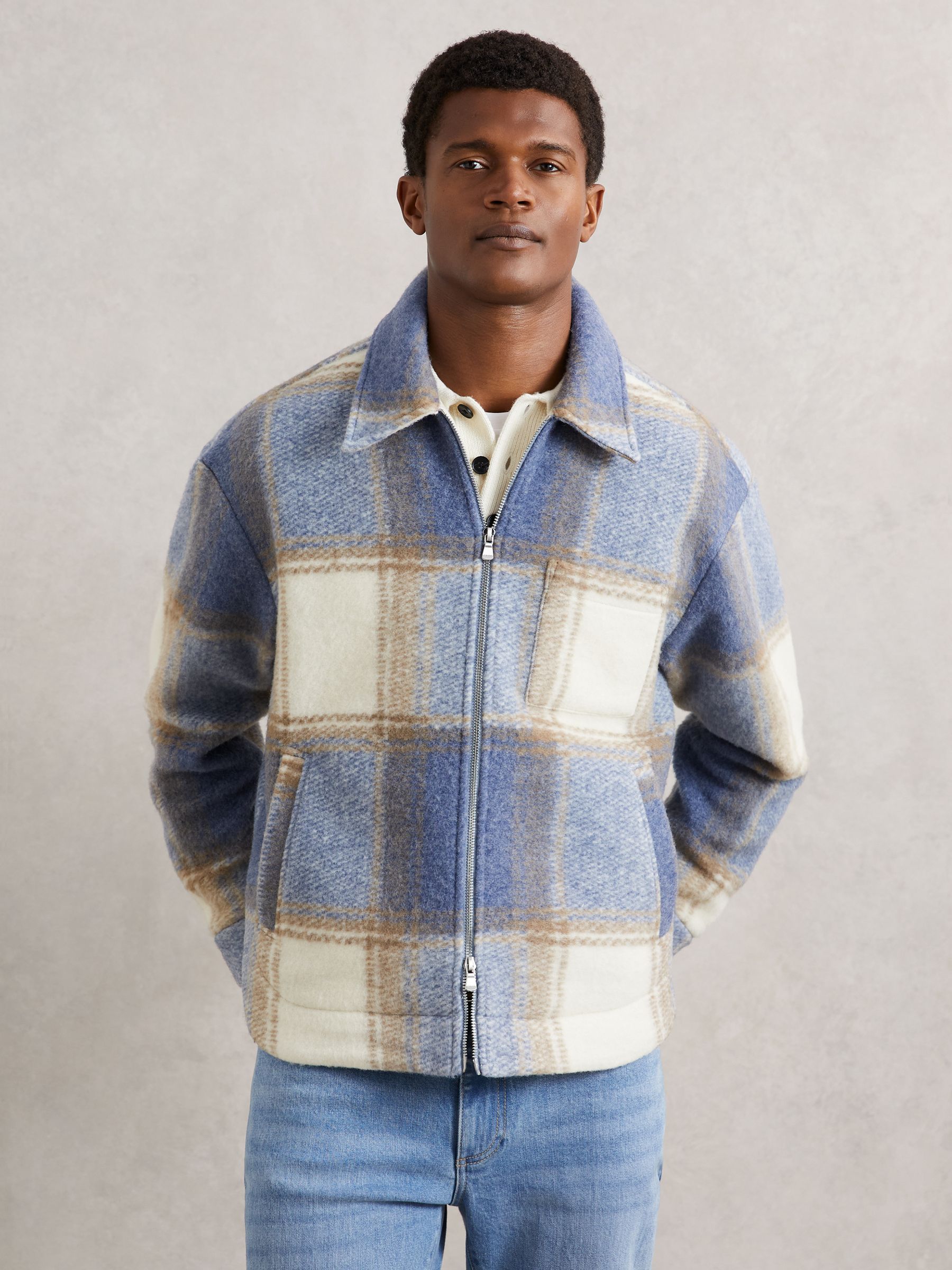 Zip-Through Check Overshirt in Stone/Blue - Image 1 of 6 Zip-Through Check Overshirt in Stone/Blue - Image 1 of 6