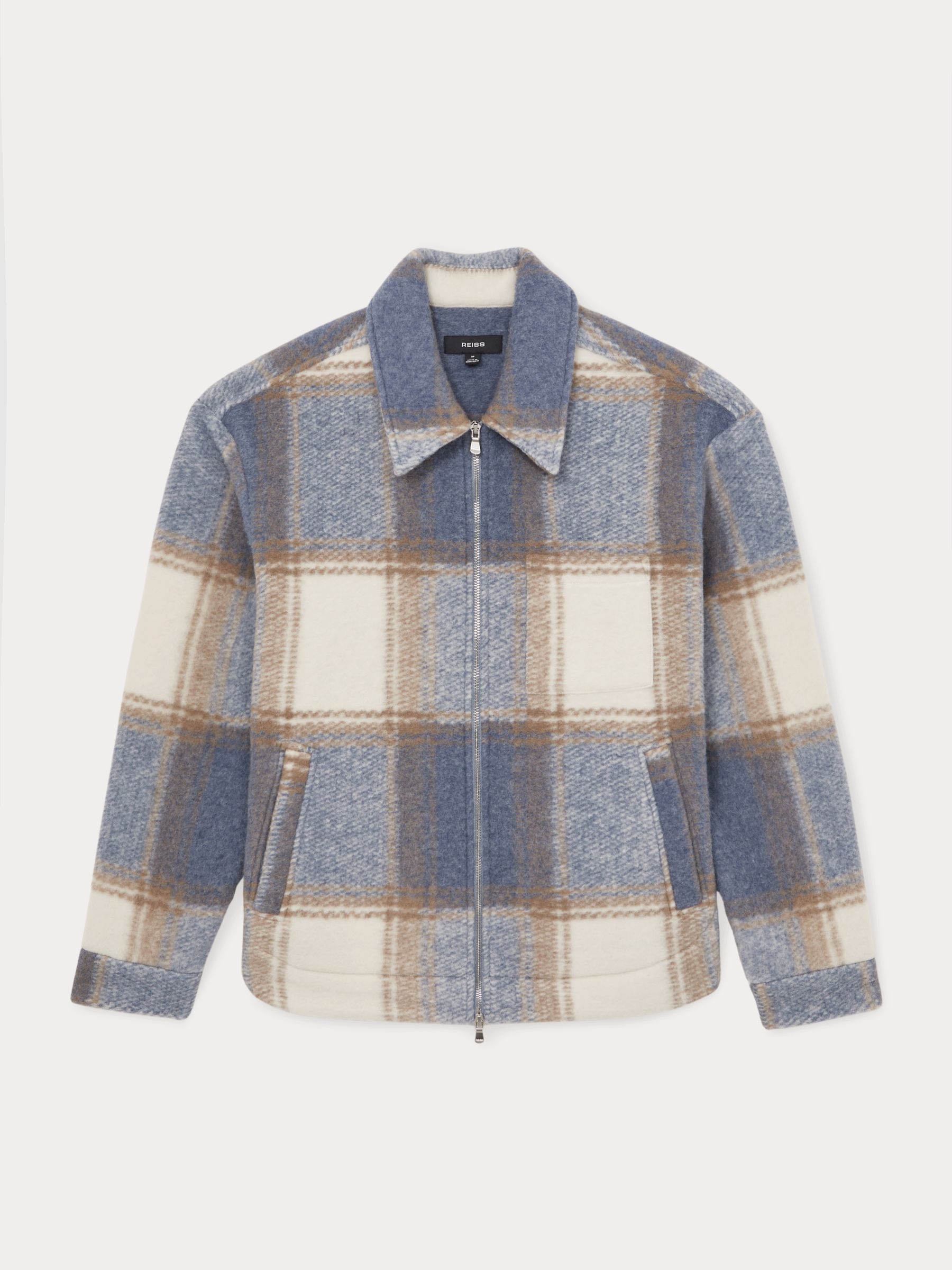Zip-Through Check Overshirt in Stone/Blue - Image 2 of 6