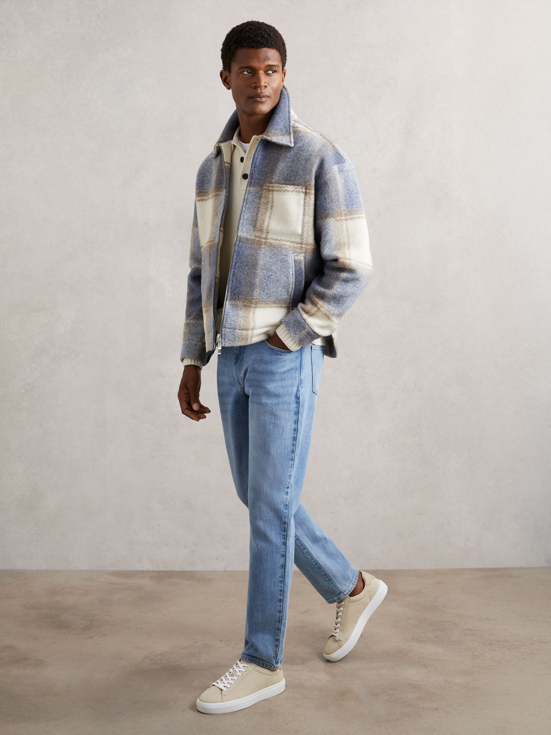 Zip-Through Check Overshirt in Stone/Blue - Image 3 of 6