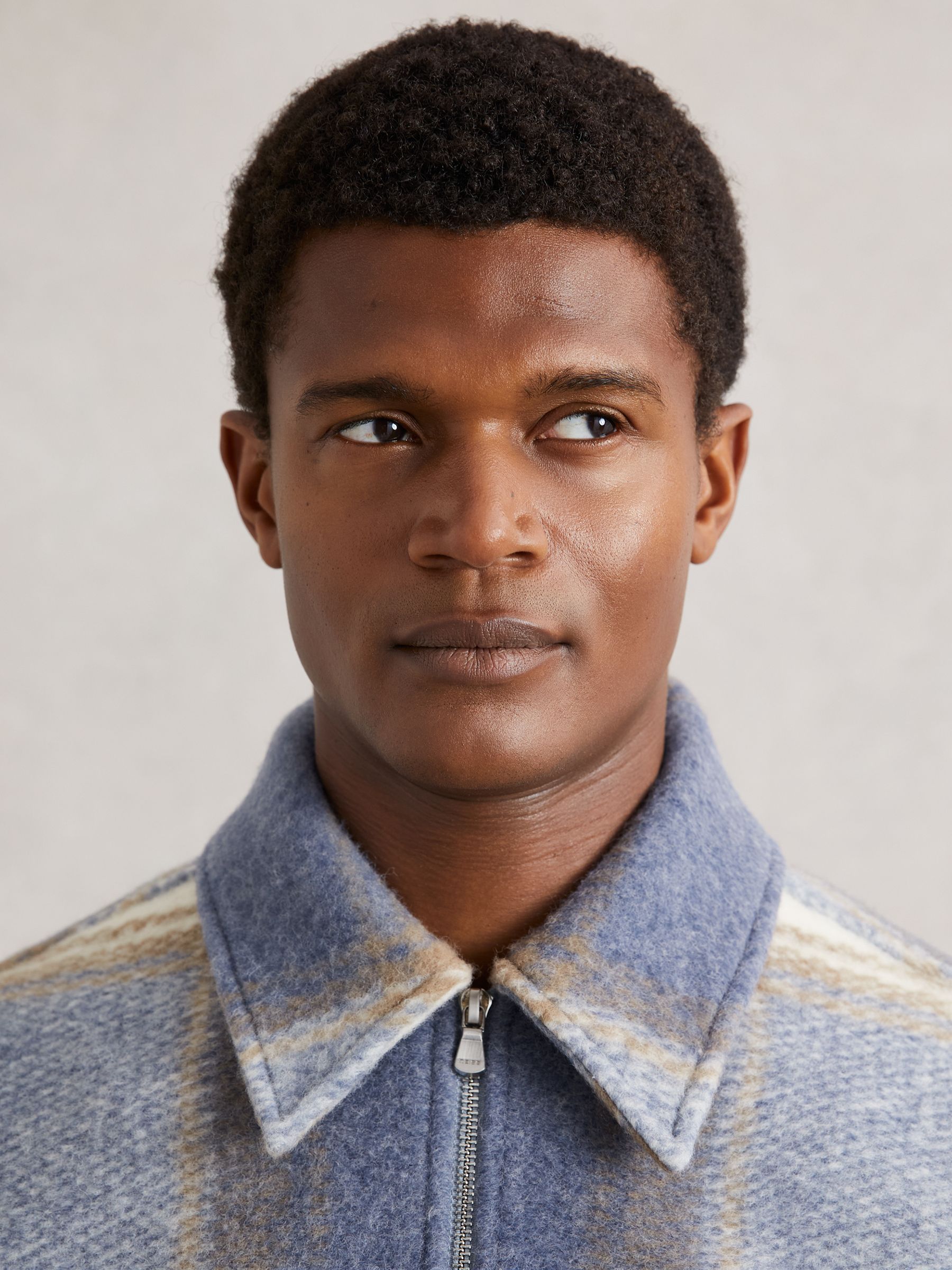 Zip-Through Check Overshirt in Stone/Blue - Image 4 of 6