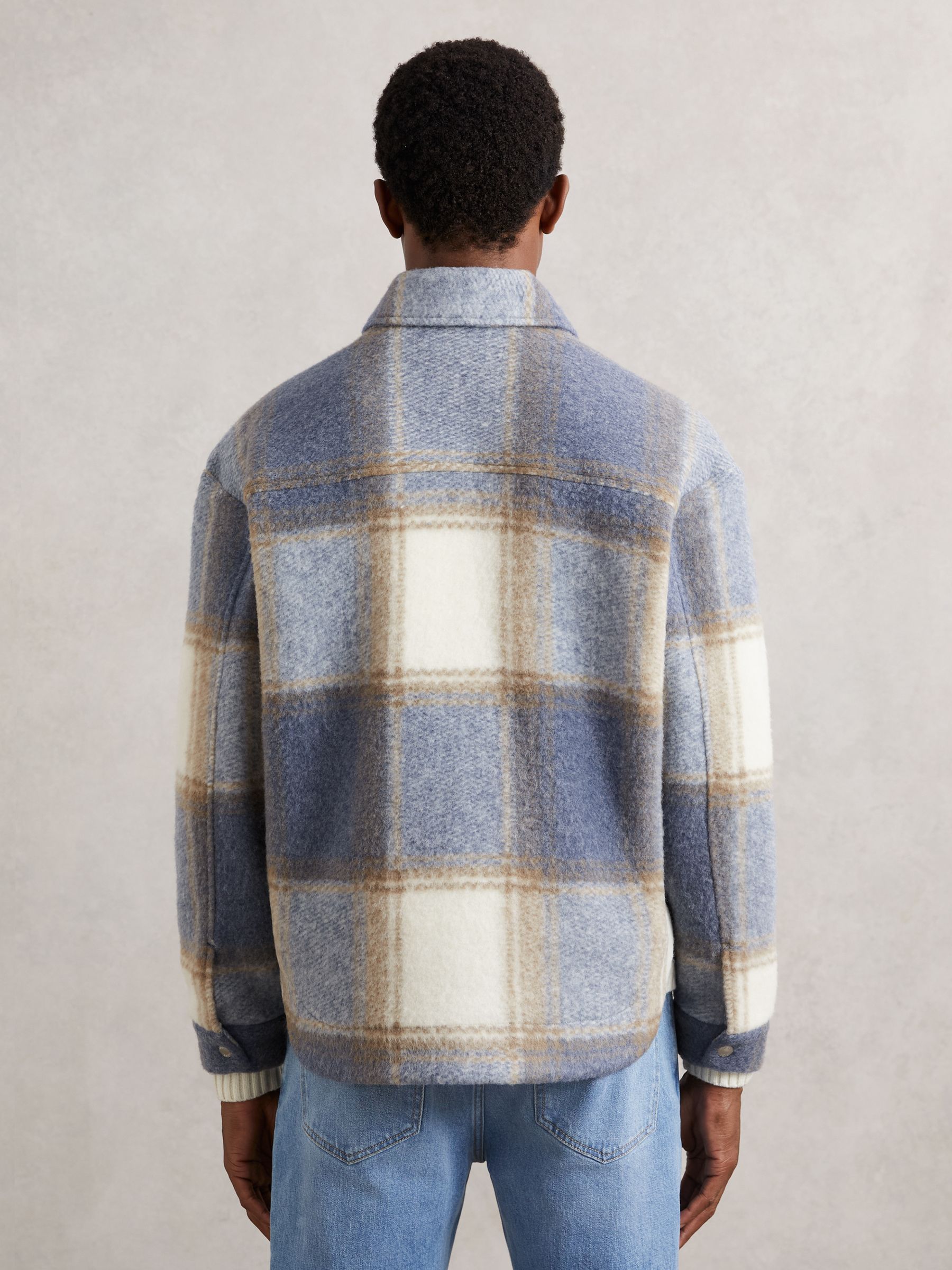 Zip-Through Check Overshirt in Stone/Blue - Image 5 of 6