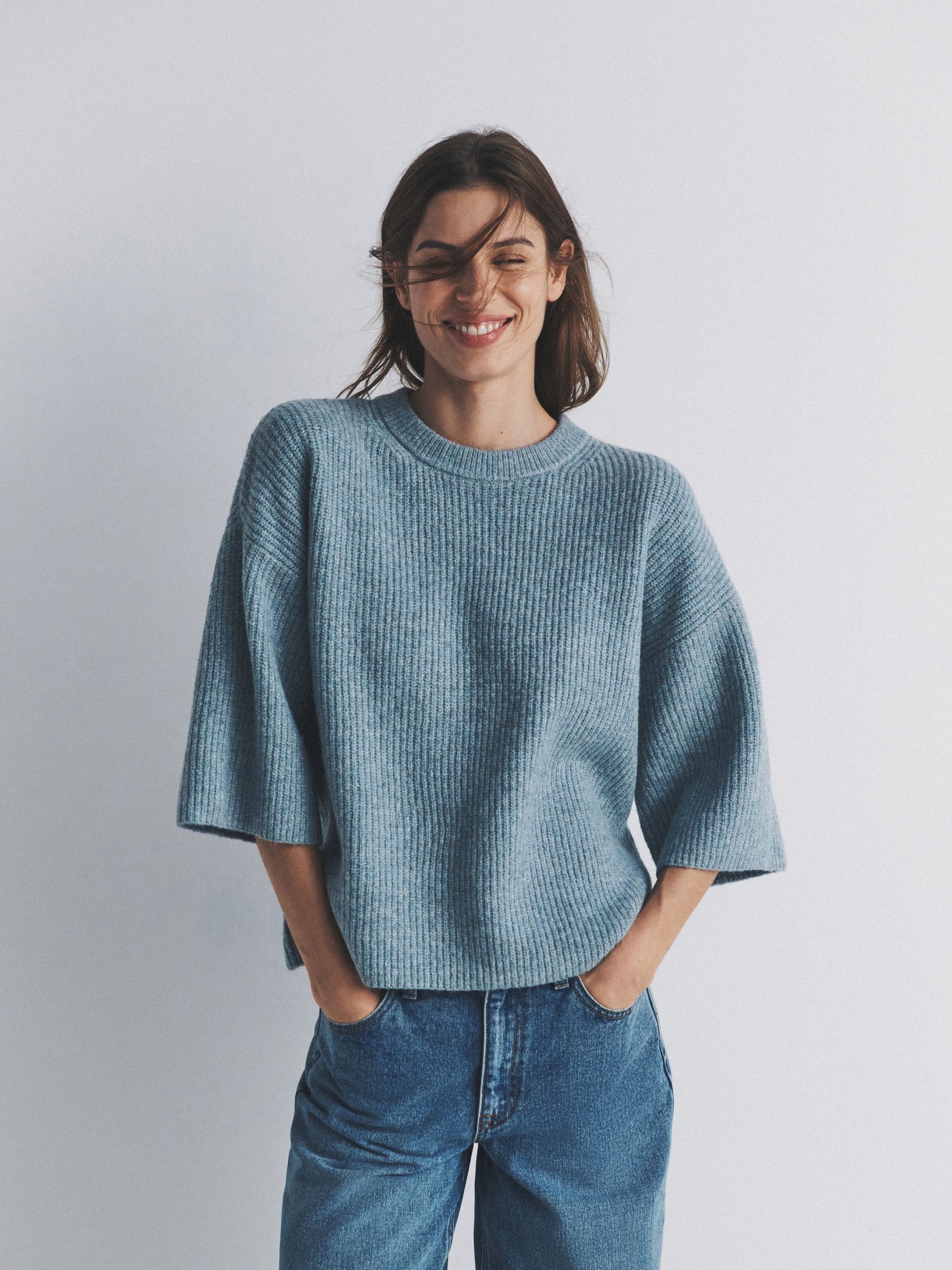 2 Pack Chunky Ribbed Knitted T-Shirts With Wool Soft Blue/Neutral Cream - Image 1 of 6 2 Pack Chunky Ribbed Knitted T-Shirts With Wool Soft Blue/Neutral Cream - Image 1 of 6