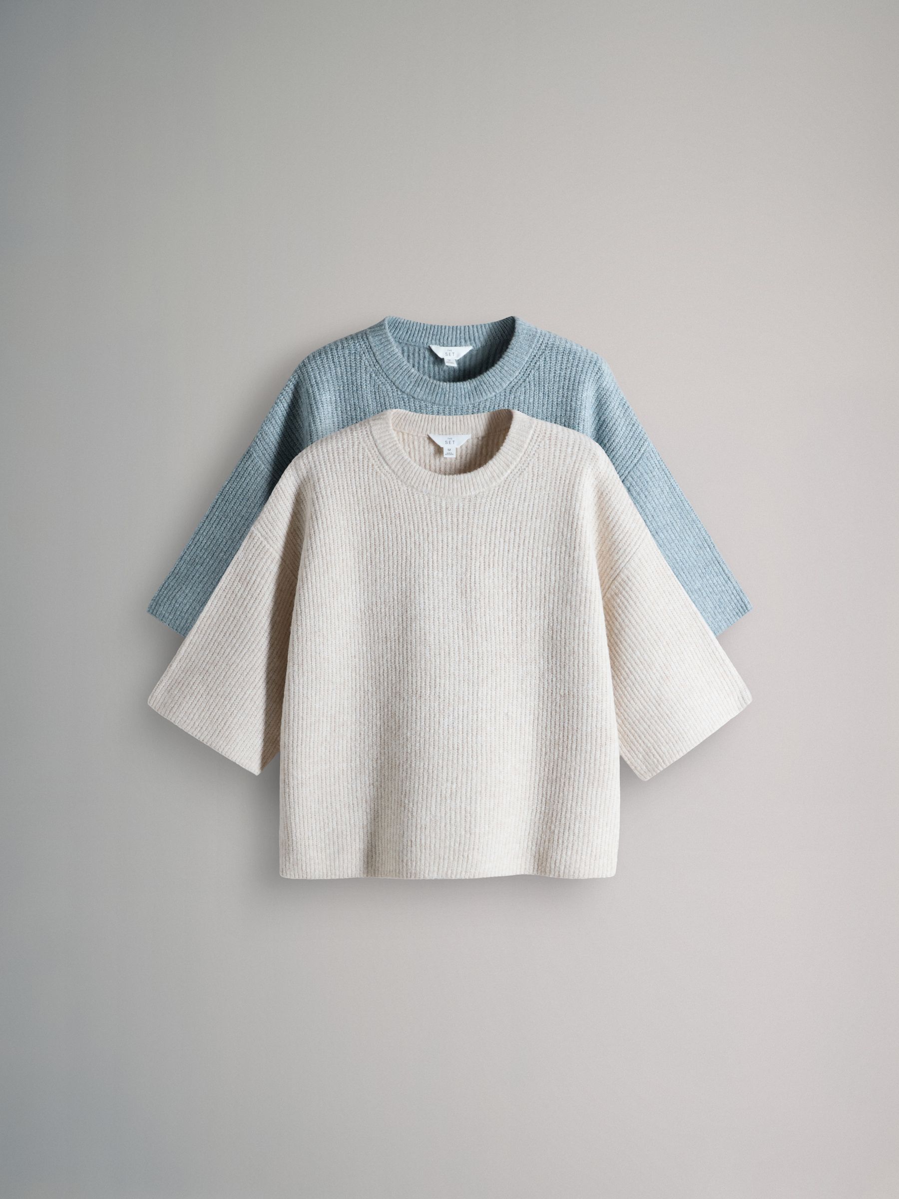 2 Pack Chunky Ribbed Knitted T-Shirts With Wool Soft Blue/Neutral Cream - Image 2 of 6