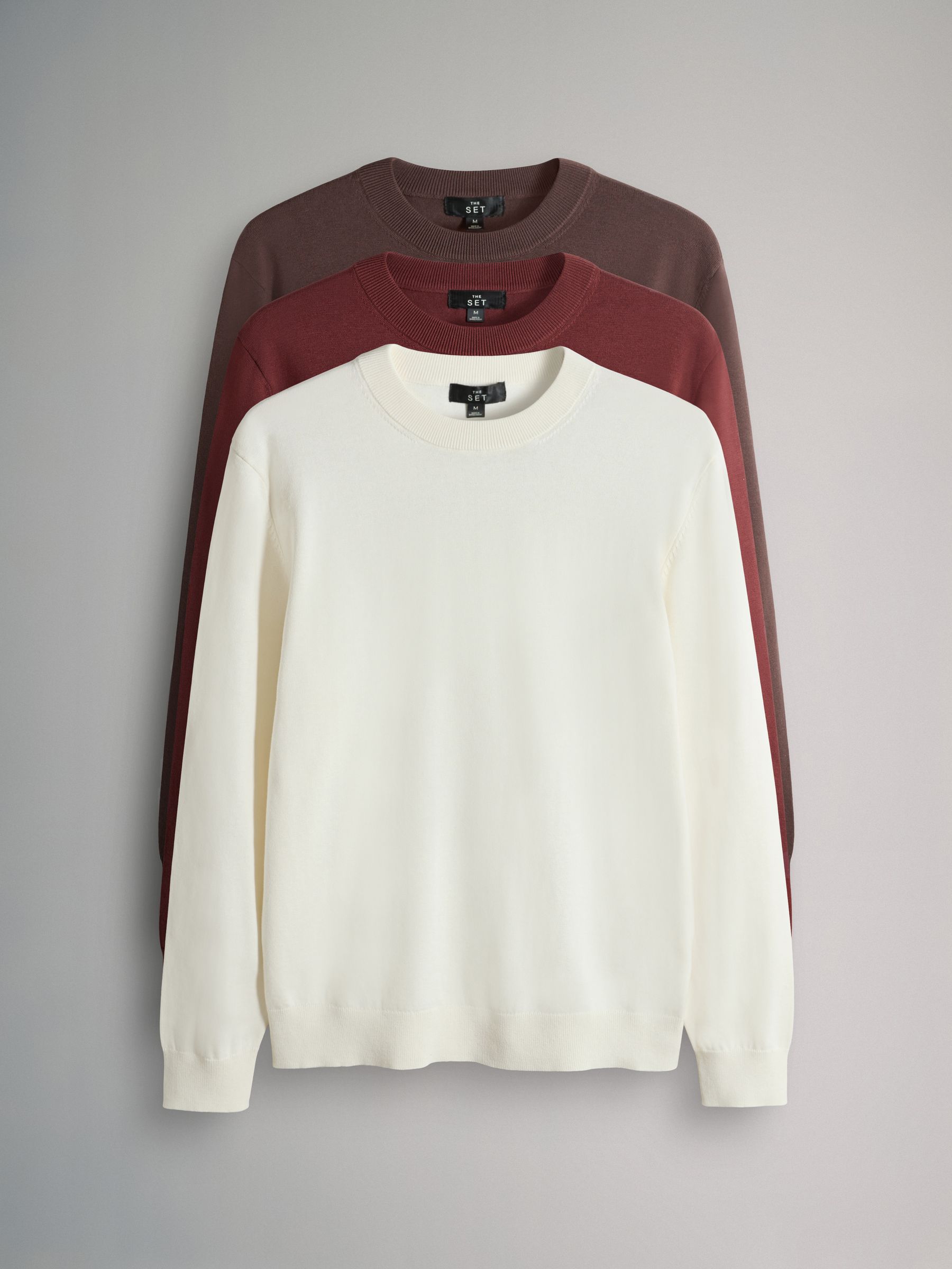 Fine Gauge Cotton Crew Neck Jumper Red/Cream 3 Pack - Image 2 of 5