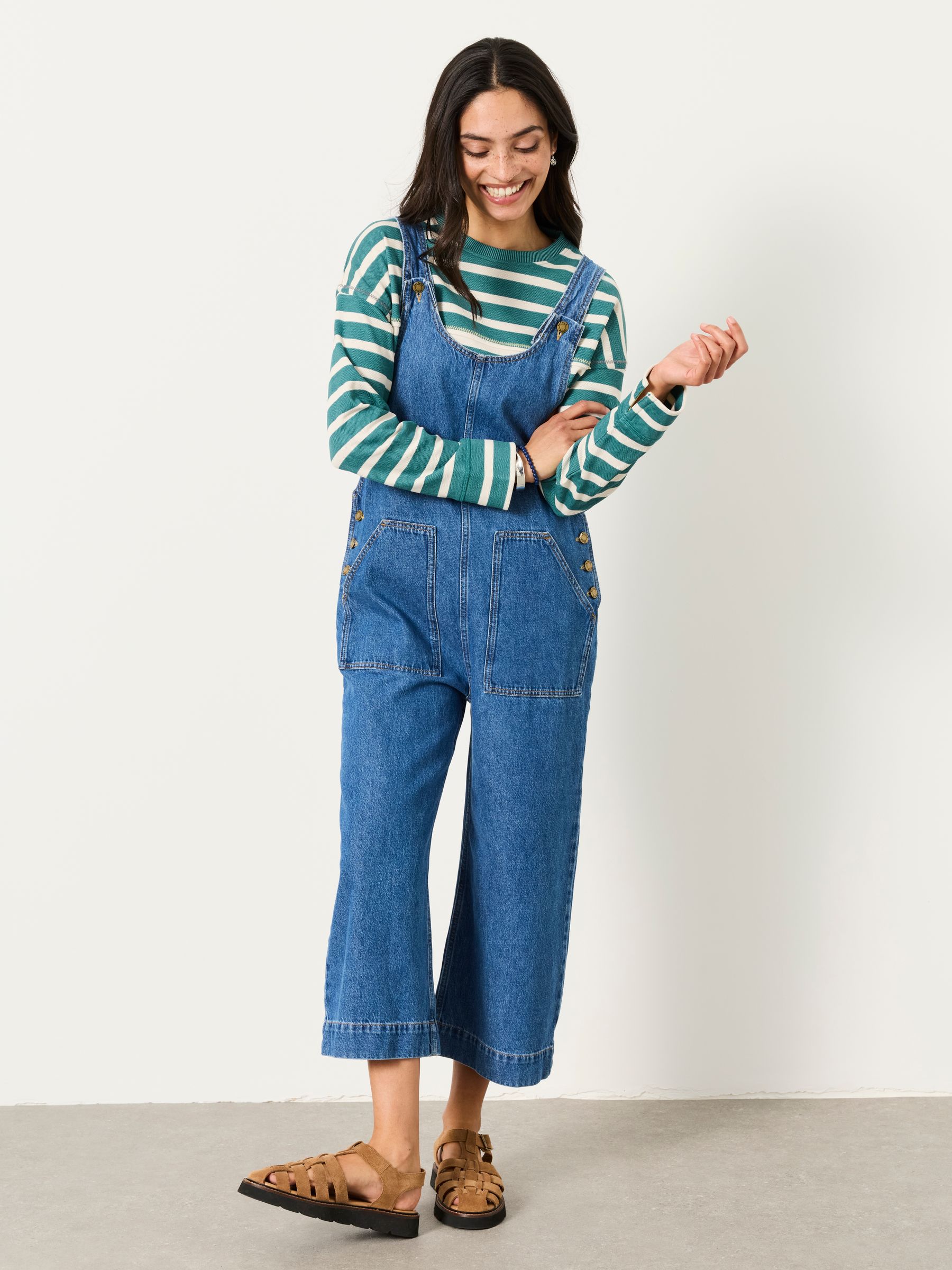 Raffles Blue Denim Cropped Wide Leg Dungaree | FatFace USA
