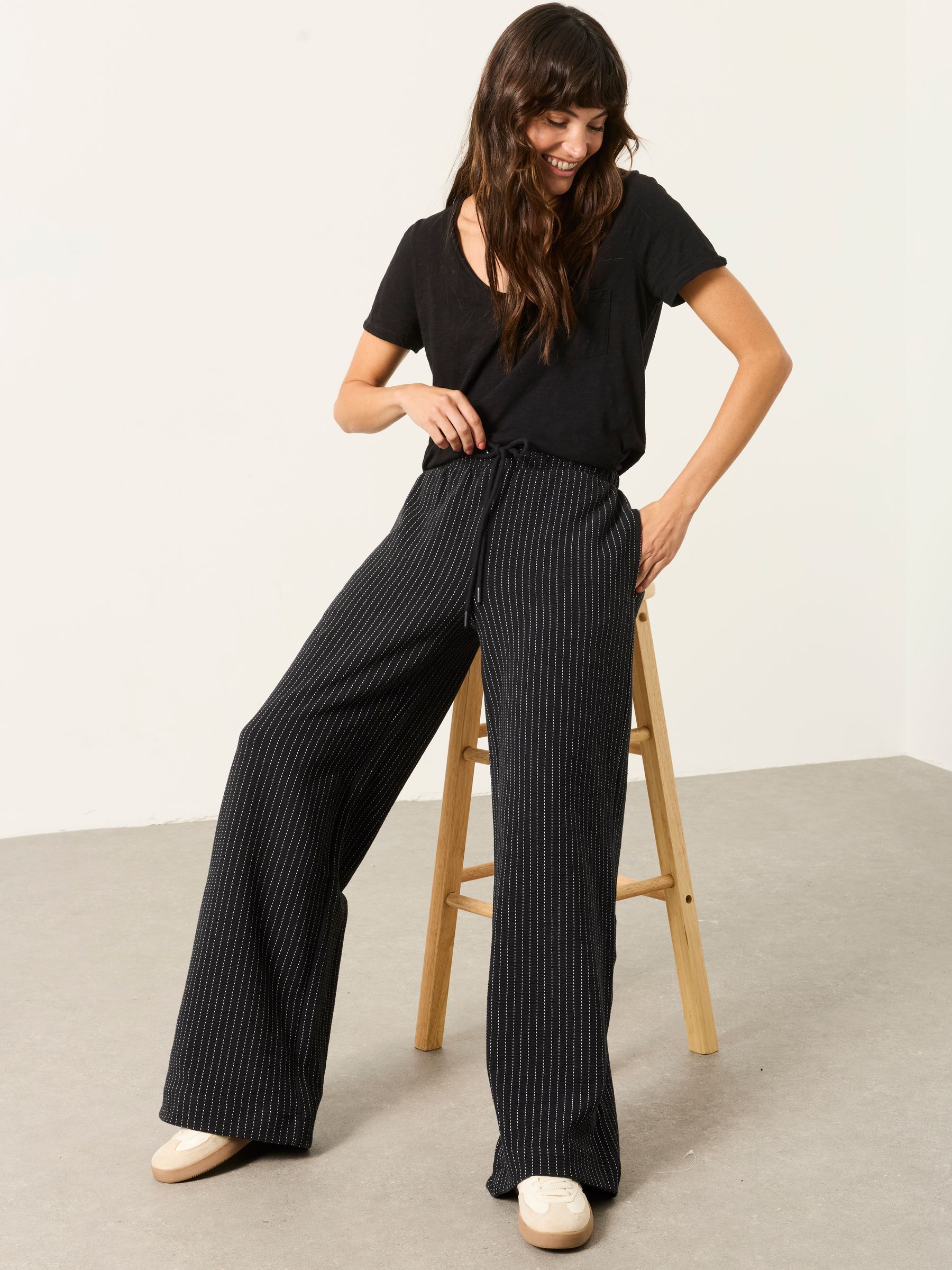 Black Jersey Stripe Wide Leg Trouser | FatFace USA