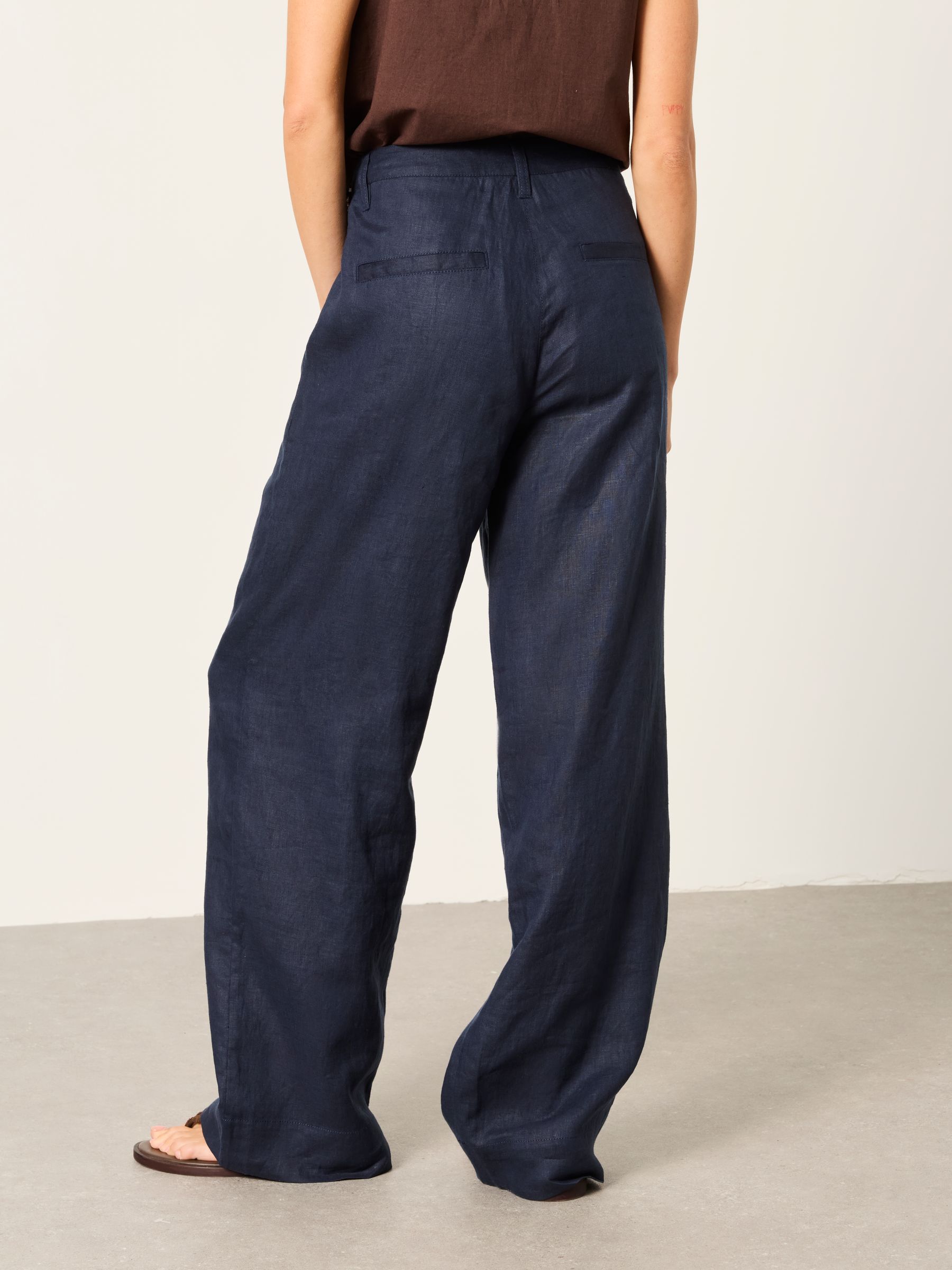 Navy Wide Leg Linen Trousers - Image 2 of 6